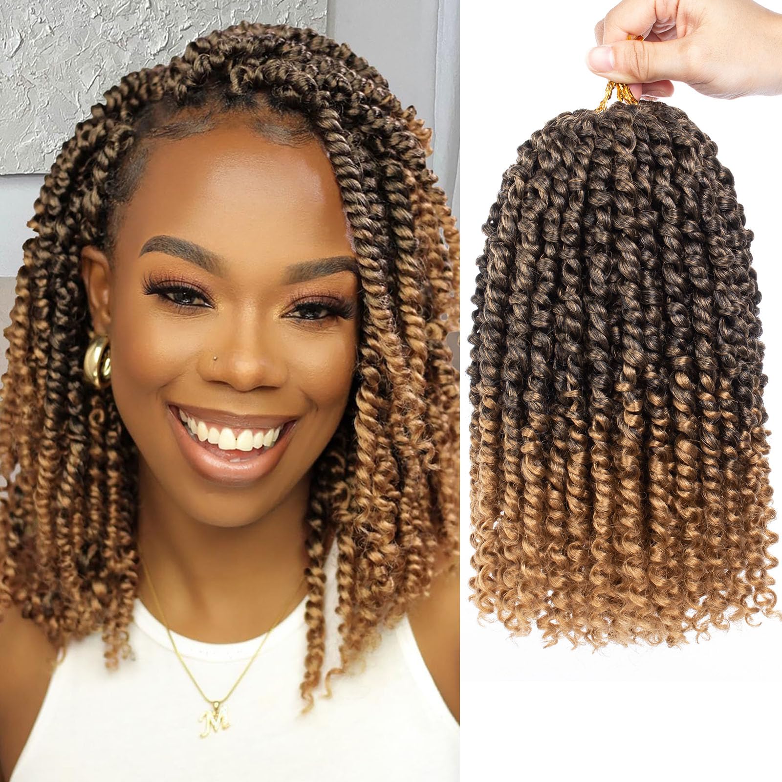 Samtress Pre-twisted Passion Twist Hair 10 Inch Short Passion Twist Crochet Hair 8 Packs Ombre Blonde Pre-looped Crochet Braids for Women Short Bohemian Synthetic Hair Extensions with Curl Ends (#T27)