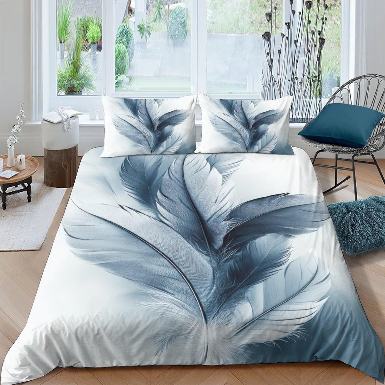 Ctjqhvkz Style-4 3D Printed Blue Feather Fitted Sheet Microfiber Soft Dustproof Art Leaf Mattress Cover For Bedroom Guest Room Decor Single（135X200cm）