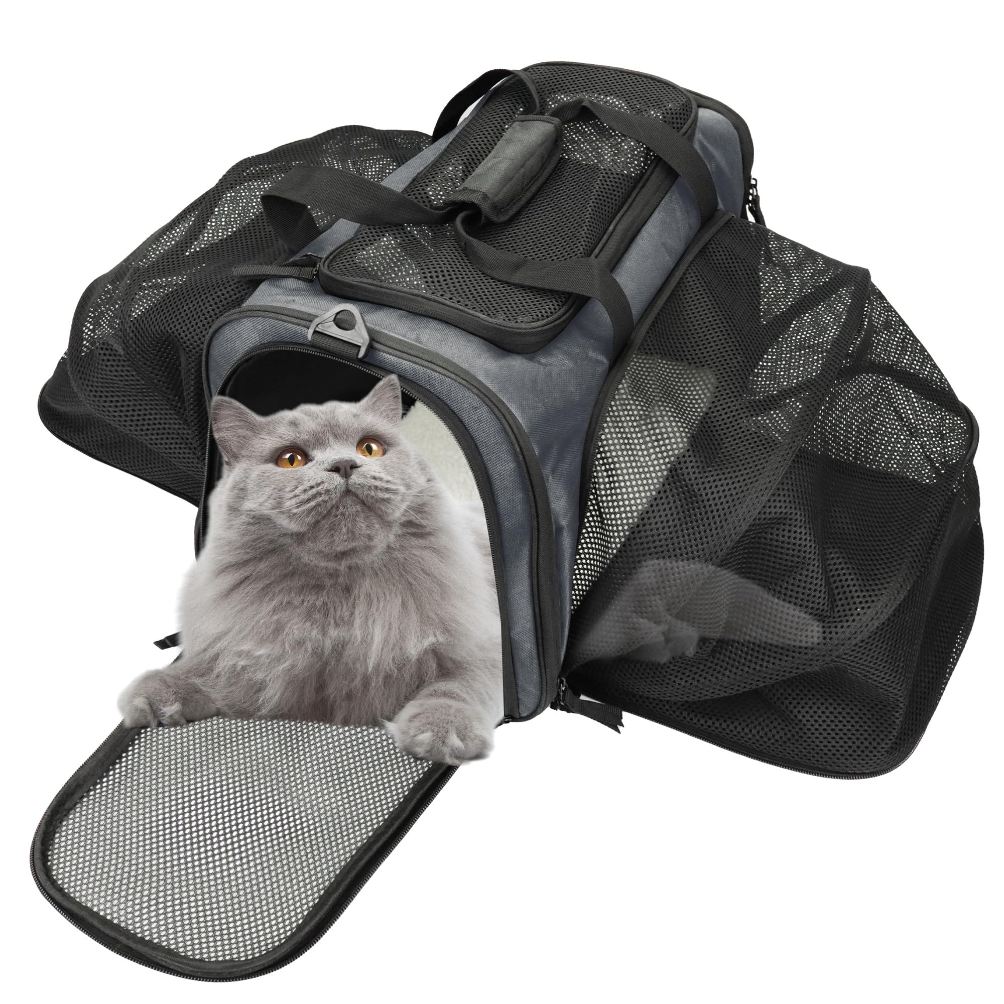 Zavothy Transporttasche für Katzen und Hunde, Transporttasche, atmungsaktiv und faltbar, Transportbox für Katzen mit verstellbarem Schultergurt, Abnehmbare Plüschmatratze (Grau, XL)