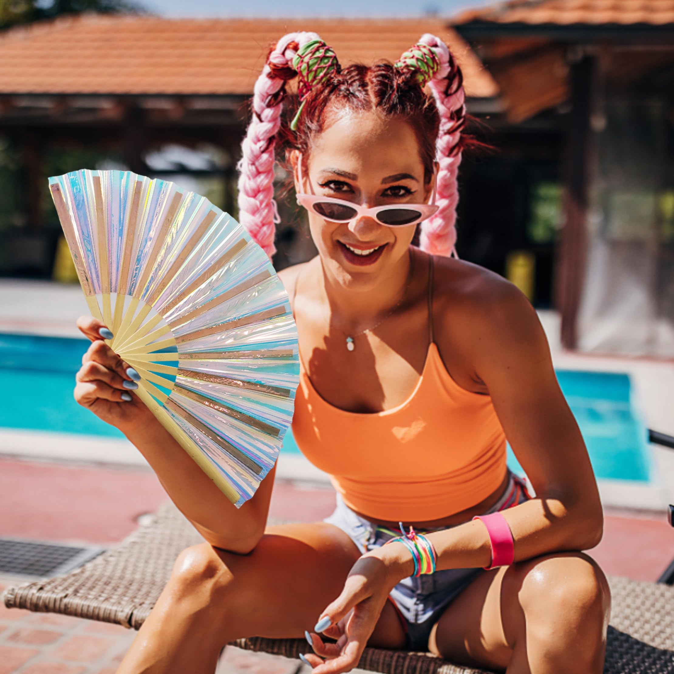 Holografisch schillernder faltbarer Handfächer, glänzender Effekt, Rave-Handfächer-Zubehör für Männer und Frauen, Festival-Party-Outfits