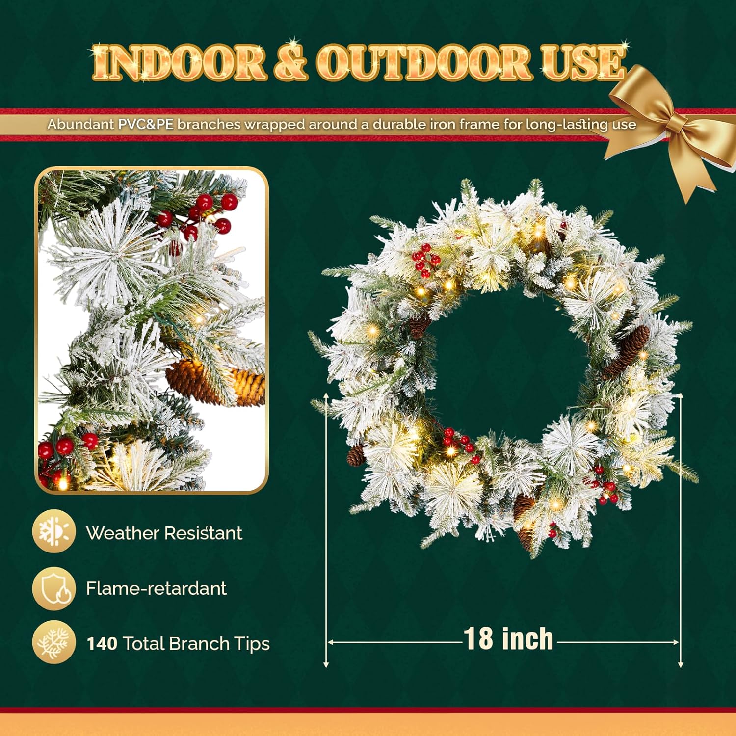 VINGLI 18 Inch Flocked Christmas Wreaths with Battery, Operated Lights - 60 LEDs, 140 PE/PVC Pine Tips, Pine Cones & Berries, Indoor/Outdoor Xmas Wreath Decor for Door, Window, Party(2 Pack)