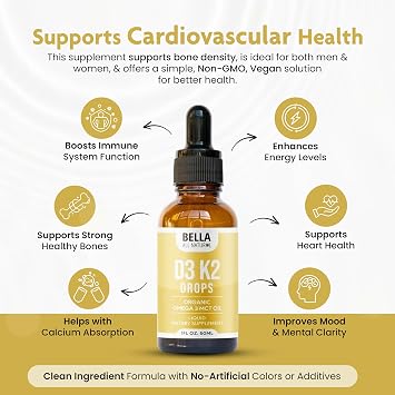 Bella All Natural Vitamin D3 K2 Liquid Drops 5000 IU (Unflavored) - Omega 3 with MCT Oil - Liquid Vitamin D Drops for Adults - This D3 K2 Drops Help Support Heart, Bone & Immune Health