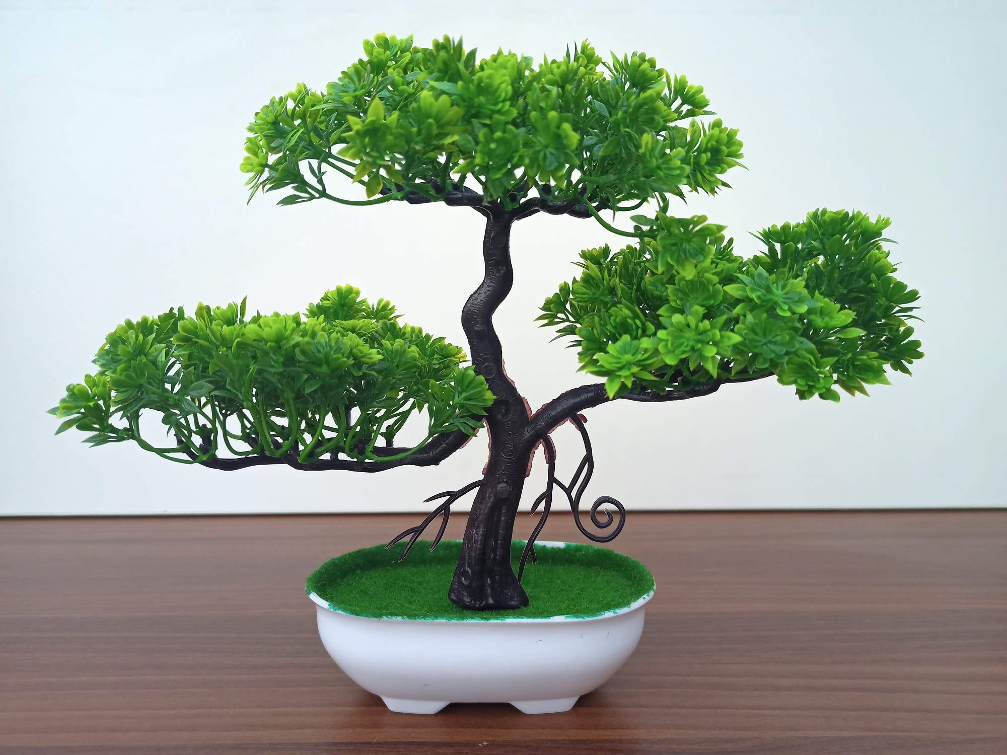 GODECORArtificial Bonsai Welcoming Trees with White Plastic Pot Having Green Grass on Surface