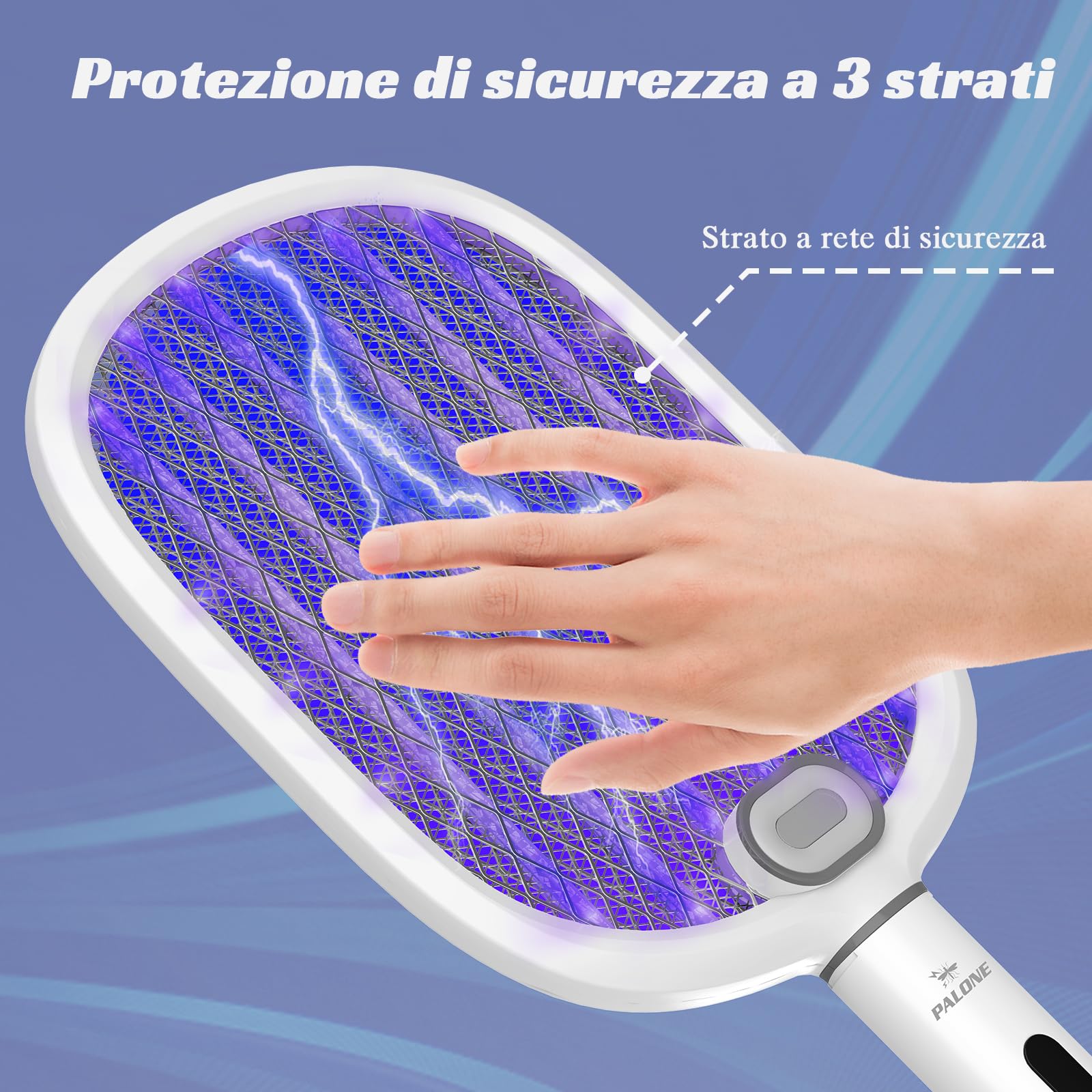 PALONE Racchetta Zanzare Elettrica 4000V con 2 Type-C, Portatile Ricaricabile 1800mAh Scacciamosche Elettrico Rimovibile, Notte LED & Base di Ricarica USB C