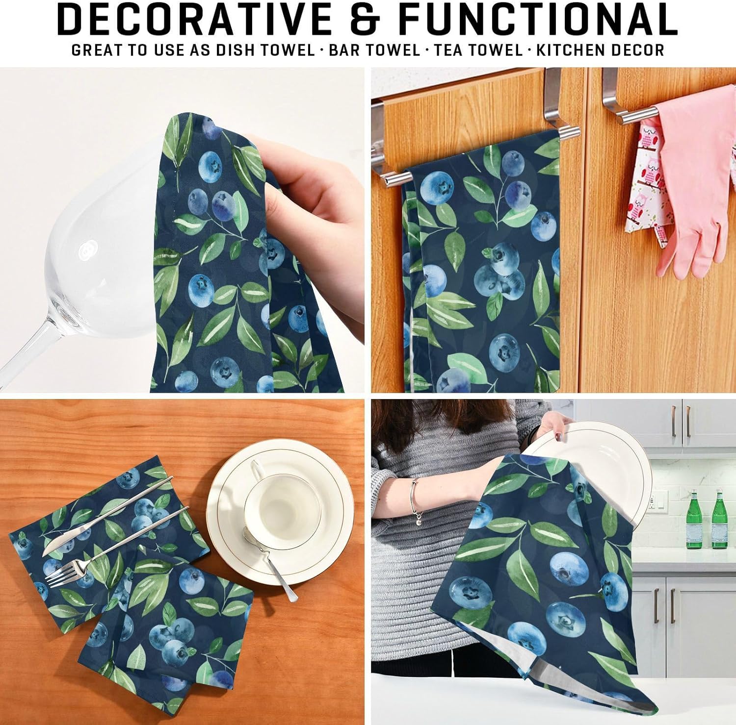 YETTASBIN Blueberry Kitchen Dish Towel 4 Pack, Soft Absorbent Dishcloths Reusable Hand Towel Washable Tea Towels for Home Kitchen Bar Table Decor, 28 x 18 Inch