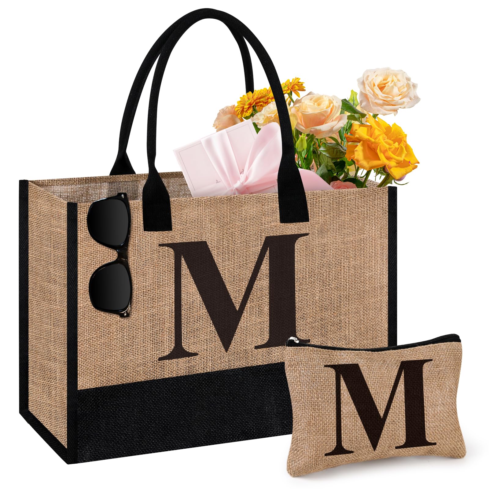 Initial Jute Tote Bag & Makeup Bag, Birthday Gifts for Women Her Mom Teachers Friends