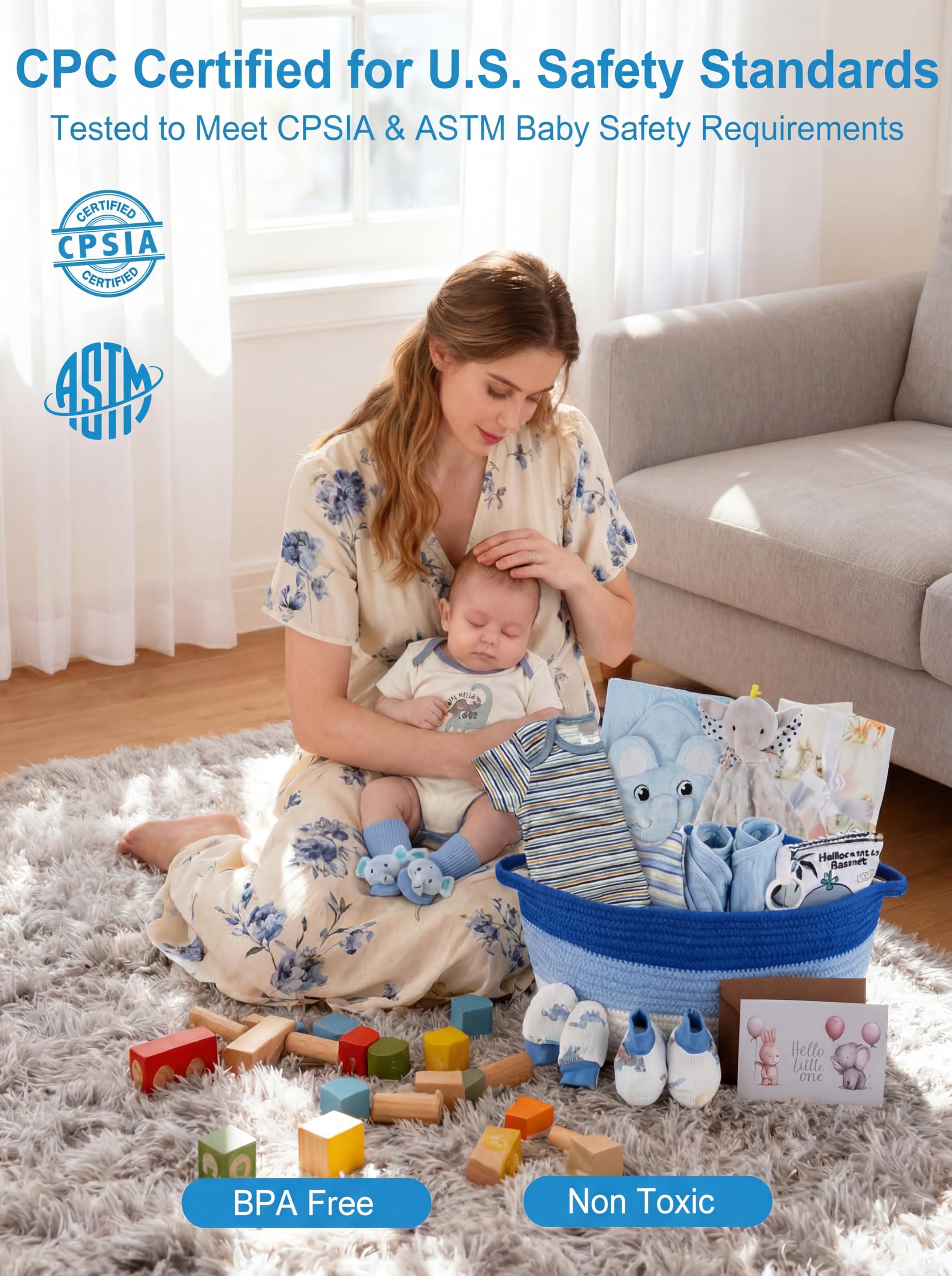 Juego de 22 cestas de regalo para bebé, azul (recién nacido de 0 a 12 meses) | Regalos premium para baby shower para niños: juego esencial para recién nacidos en cesta tejida con globo y lazo