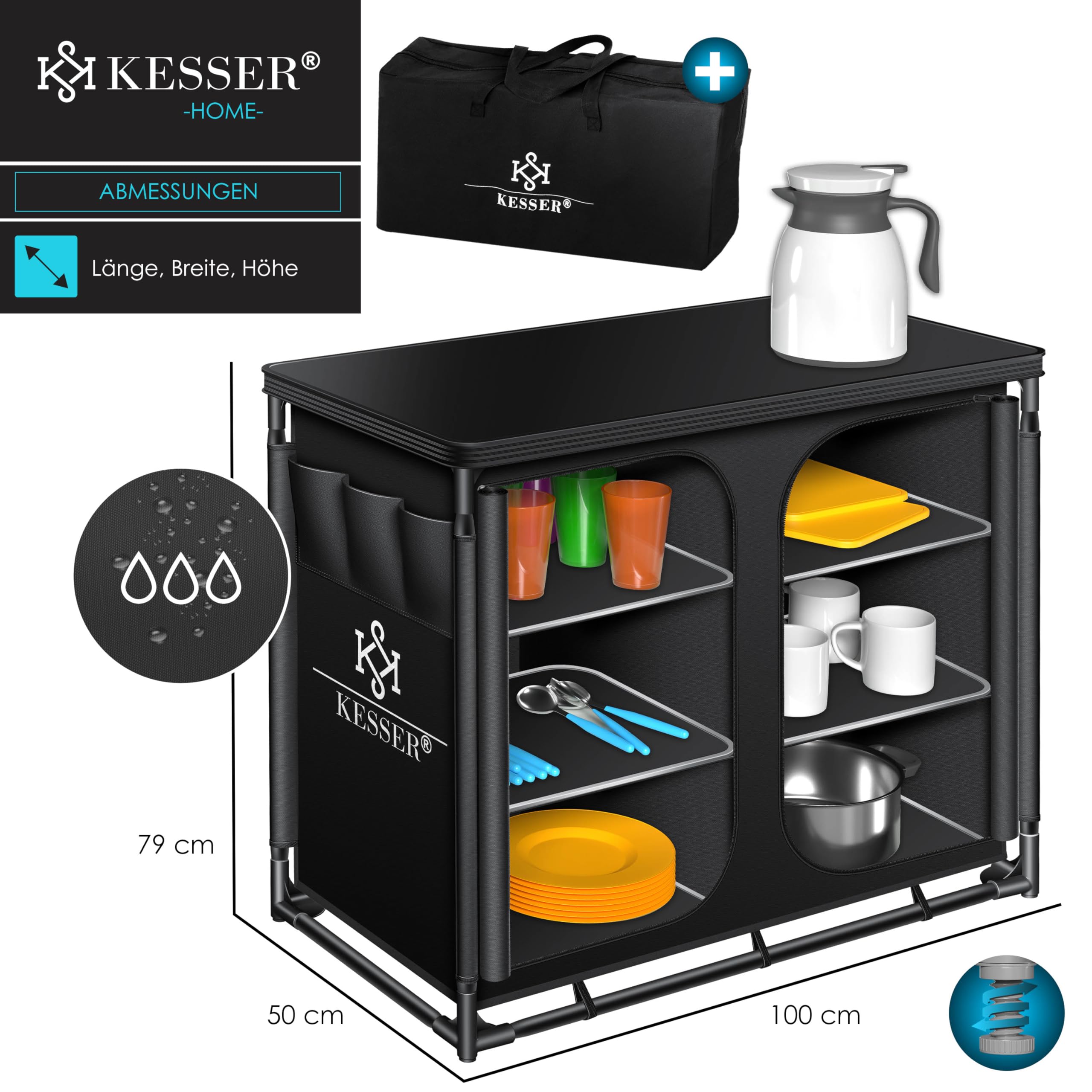 KESSER® Campingküche | Inkl. Tragetasche | Campingschrank Faltschrank | mit Aluminiumgestell | Reiseküche | Küchenbox | Zeltschrank | Outdoor Camping Küche | Schwarz/Schwarz | Typ F6