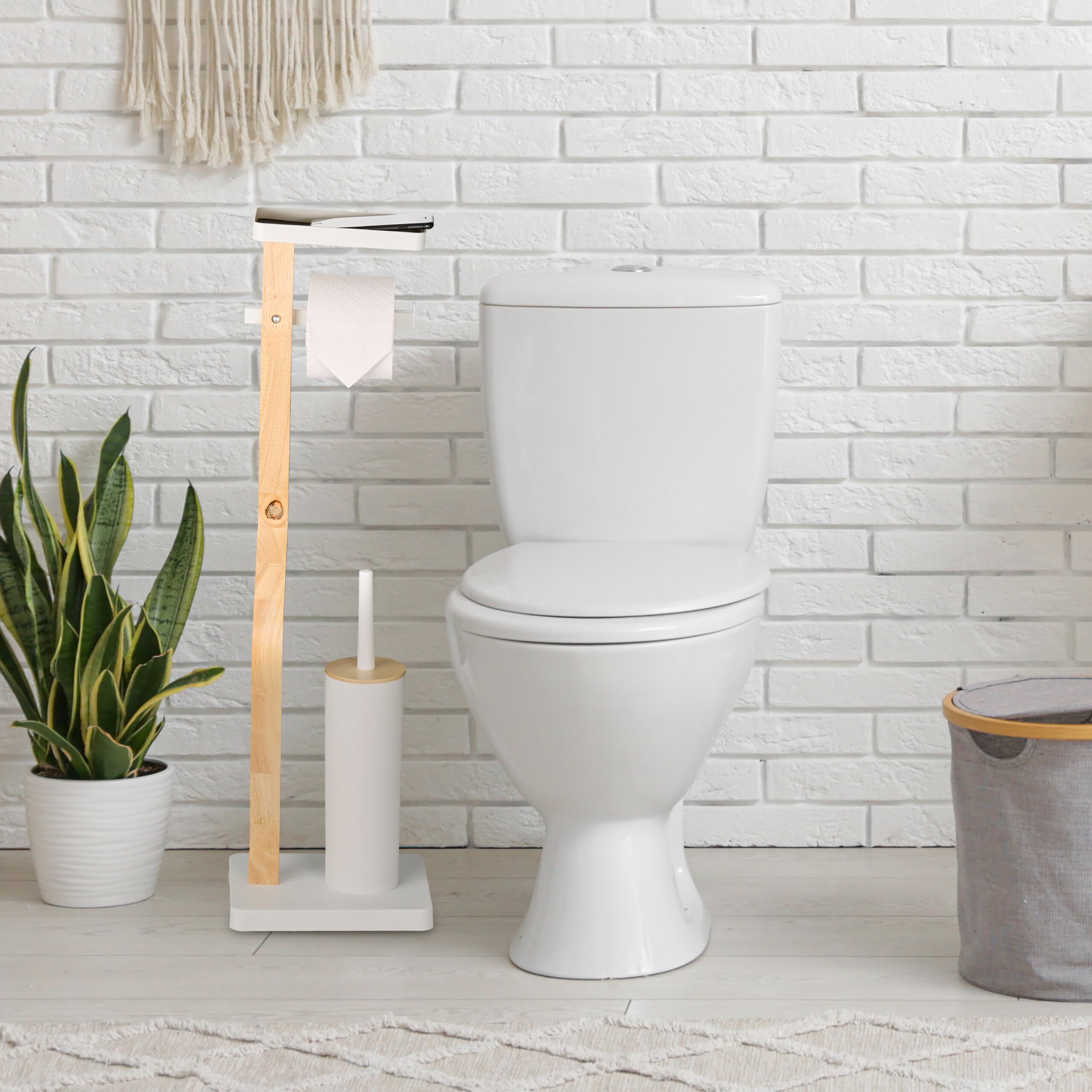 Relaxdays Escobillero y Portarrollos para Baño, 80,5x23x18 cm, Bambú, Vertical, Escobilla con Soporte, Blanco/Natural