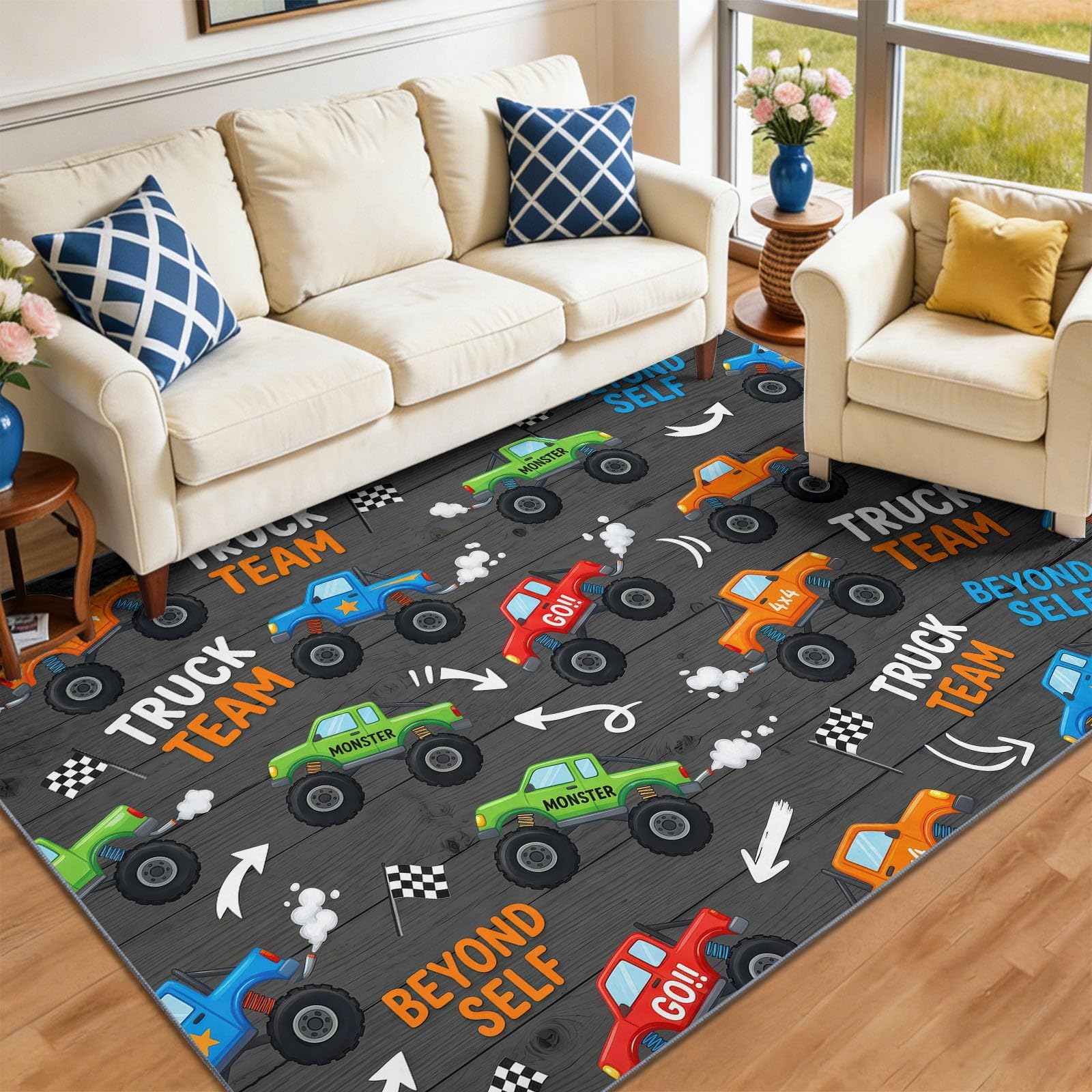 Cartoon Tapis Salon - Lavable Tapis Imprimé, Camions Pneus Mots Manuscrits Flèches - Doux Moquette pour Chambre, Tapis Descente De Lit Antidérapant, Salle à Manger - Gris Foncé 140 x 200 cm