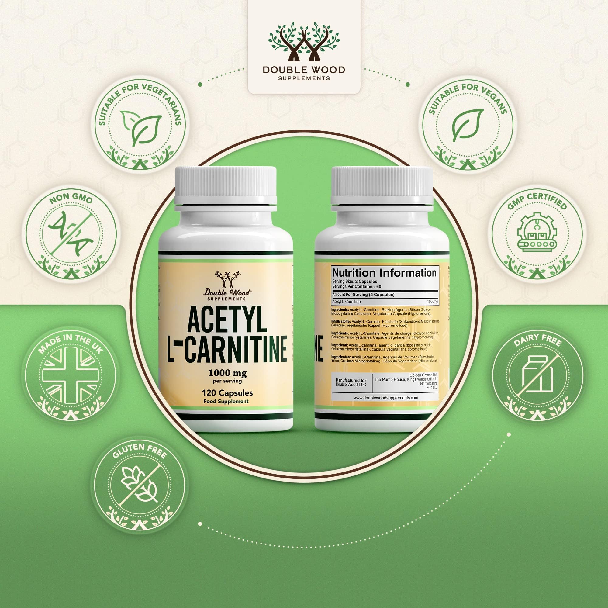 DW L Carnitine Capsules | 120 High Dose Acetyl L Carnitine - 1000mg L-Carnitine Per Serving | GMO and Gluten Free L-Carnitine