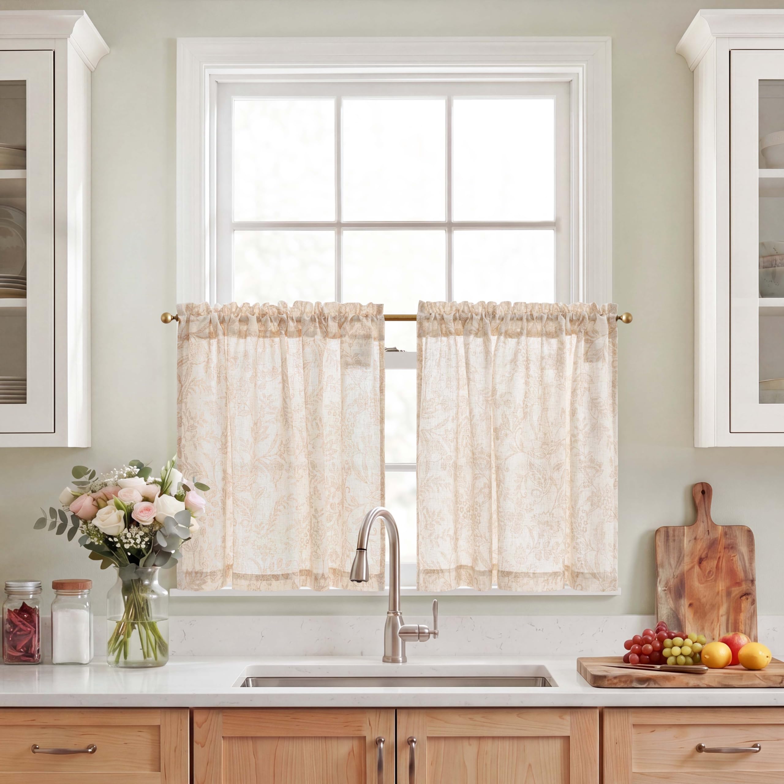 TOPICK Kitchen Curtains 24 Inch Drop with Taupe Botanic Floral, Linen Look Small Cafe Curtains, Rod Pocket Light Filtering Curtain Tiers for Cupboard Base, Sink, Basement, Bistro, W36 x L24 Inch