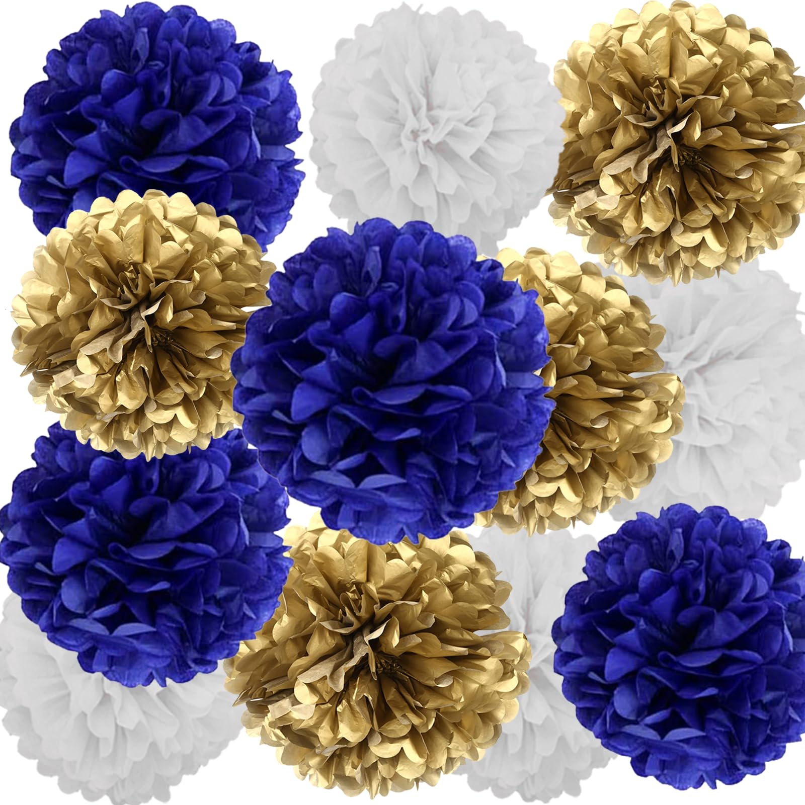 We Moment Navy Blue Gold White Paper Pom Poms Decorations for Boys Girls Birthday Graduation Decoration Ceiling Wall Hanging Tissue Flowers Decorations 12pcs,3 Colors