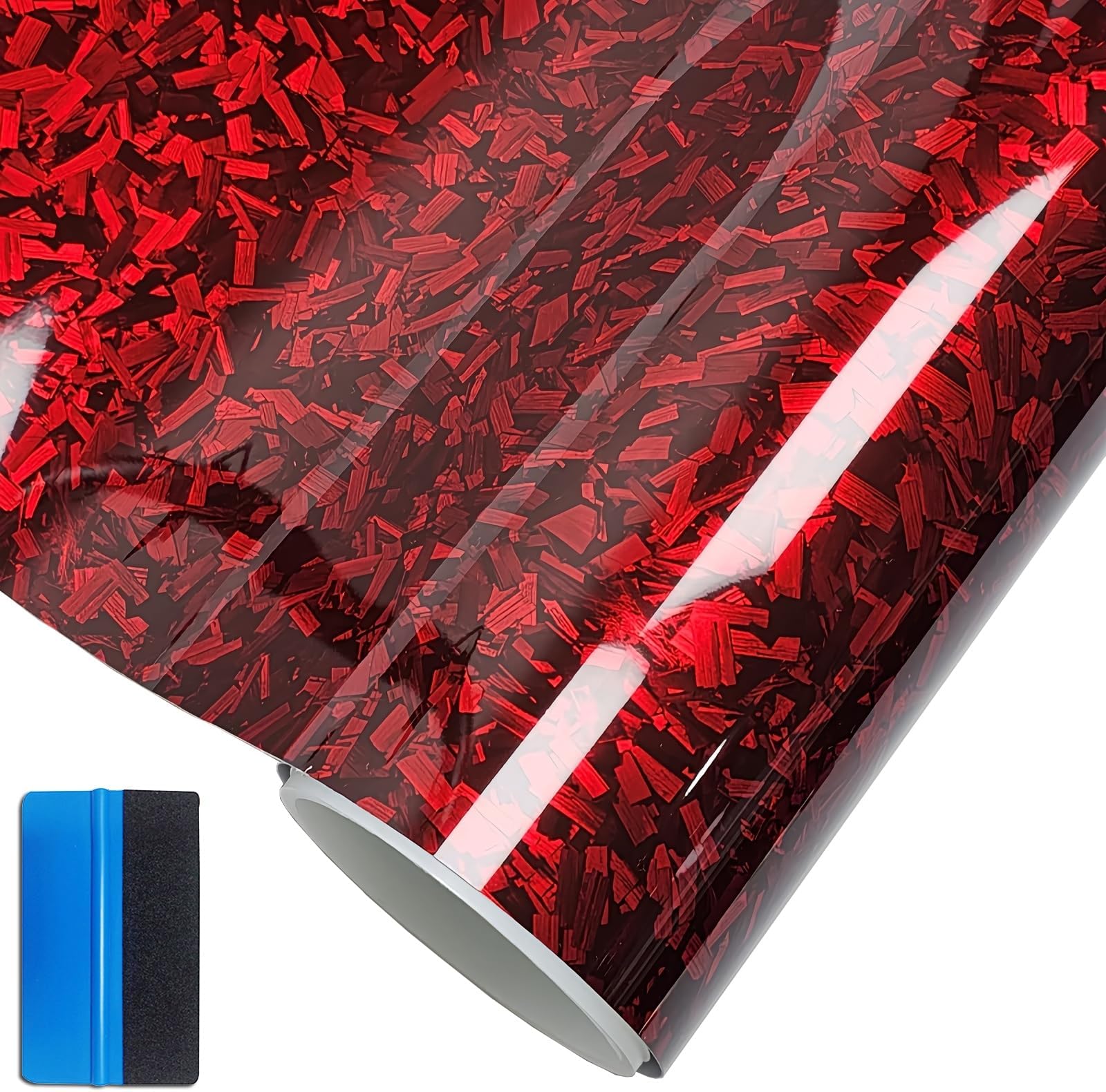 Forged Carbon Fiber Gloss Red Vinyl Wrap Sticker Free Bubble Air Release DIY Decal Car Auto Vehicle Morotcycle Self Adhesive (Red-Silver, 30cm x 100cm)