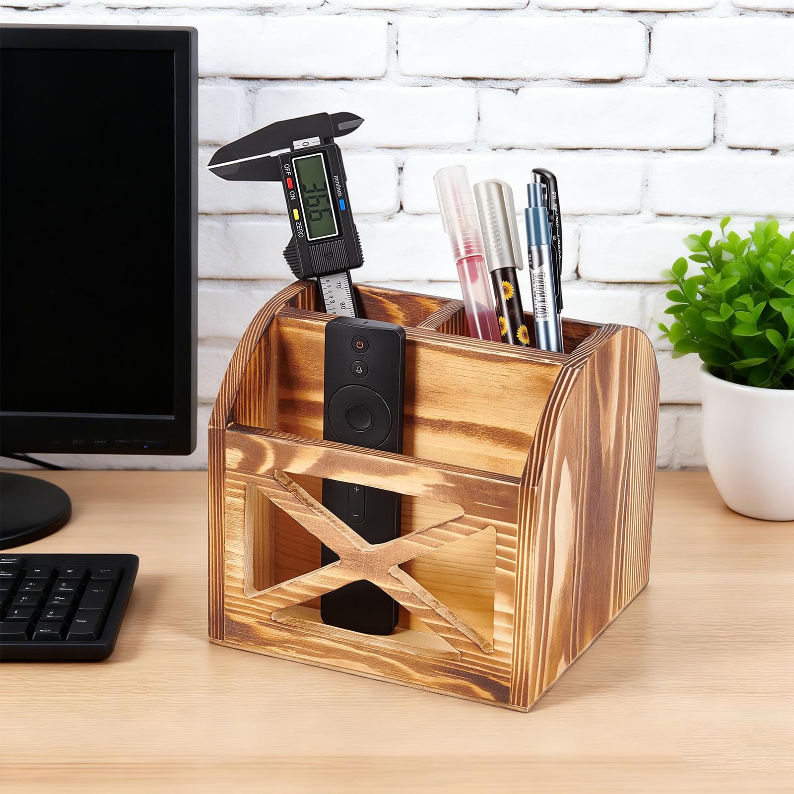 Rustikaler Schreibtisch Organizer Aus Holz Vintage Fernbedienungshalter 16x15.1cm Großer Holzhalter Für Bürobedarf Tisch Organizer Box Mit 3 Fächern Für Das Wohnzimmer (Burlywood)