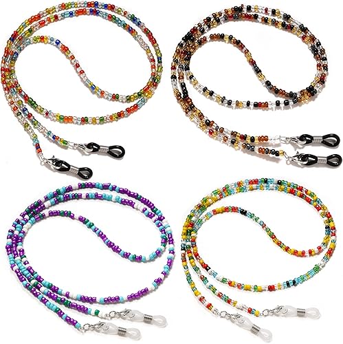 BILIONE 4 cadenas de anteojos con cuentas para mujeres y niñas, correa de soporte para lentes de sol alrededor del cuello, soporte de lentes de ojos