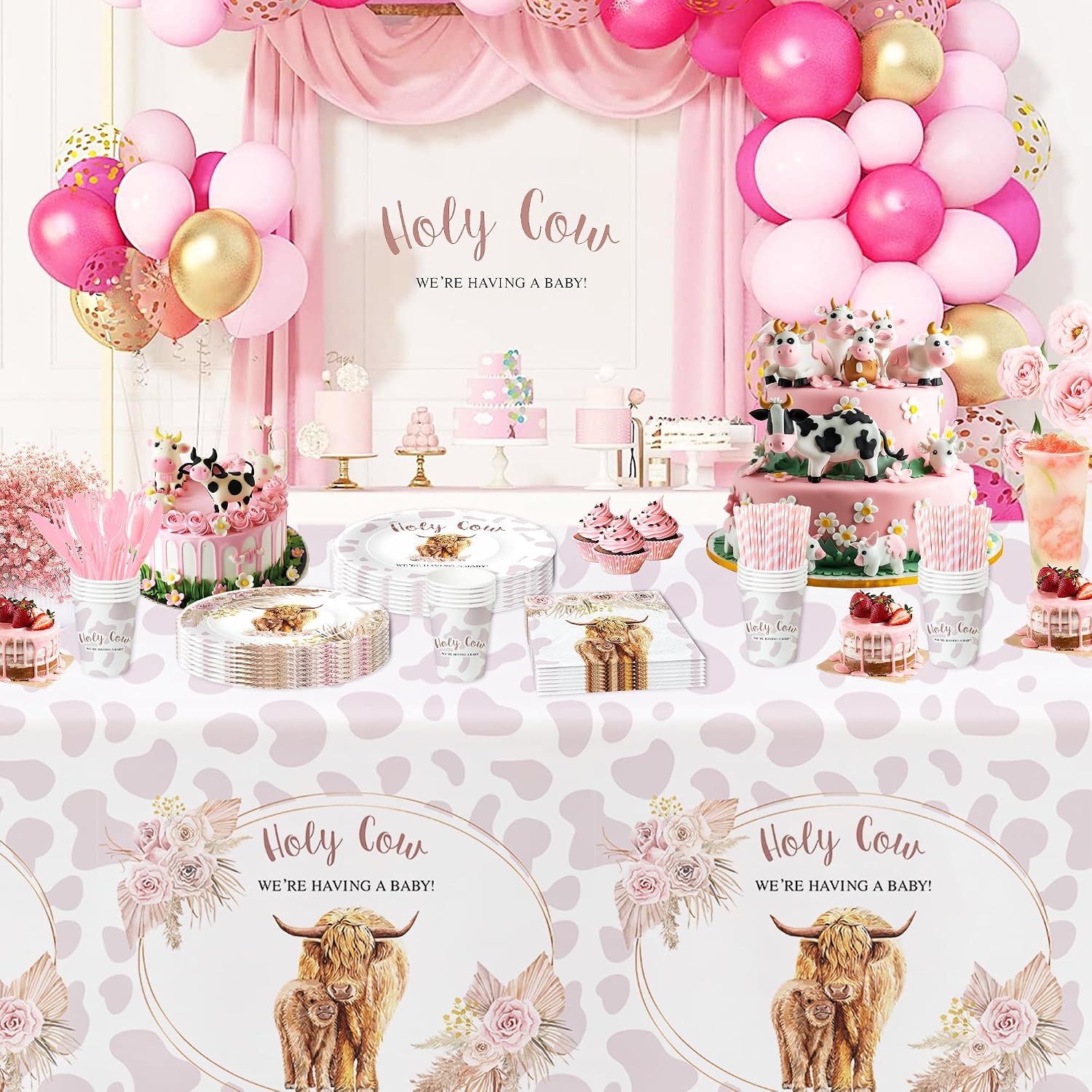 Highland Cow Baby Shower Decorations - Boho Highland Cow Baby Girl Party Supplies, Paper Plate, Cup, Napkin, Tablecloth, Cutlery, Serve 24