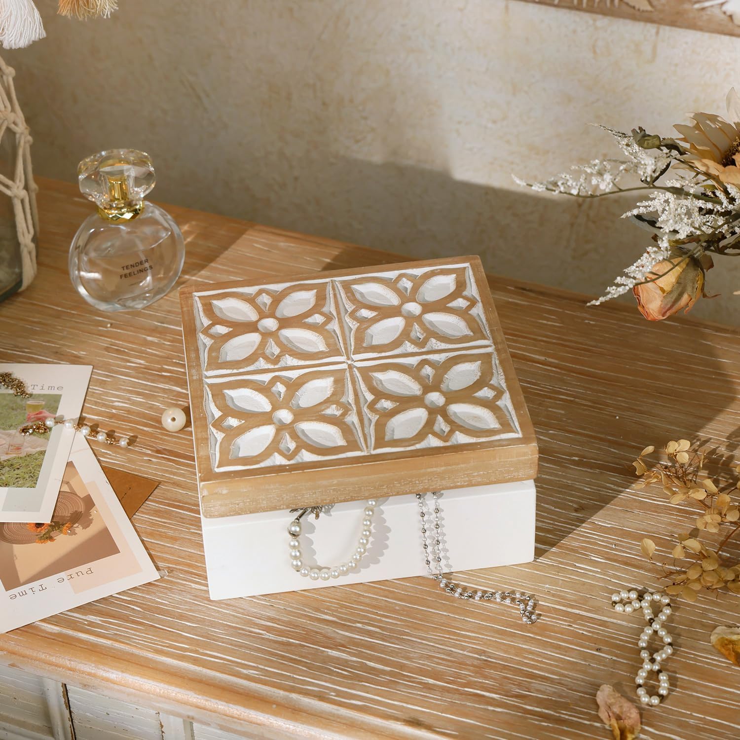 Small Wooden Keepsake Box - Decorative Handmade Rustic Trinket Boxes with Hinged Lid, Flower Carved Design, 7.1" x 7.1" x 3.2" - Image 8