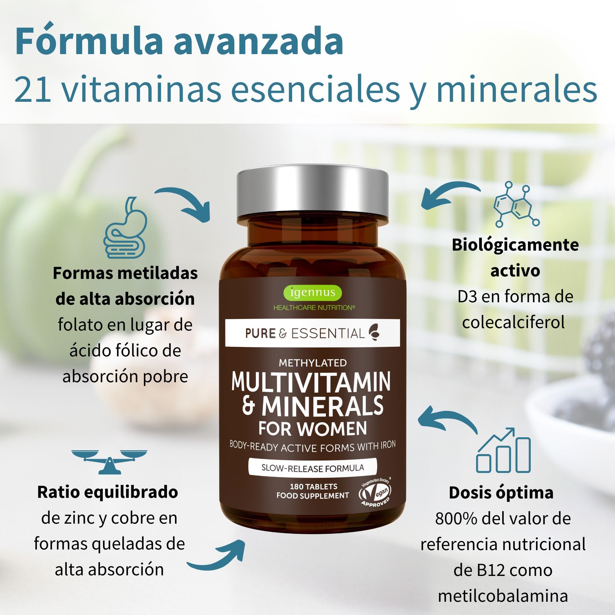 Igennus Multivitamínico Mujer con Hierro, 21 Nutrientes Activos, Puro y Limpio, Aporte de Nutrientes Durante todo el día, Vitaminas B de Alta Potencia, Fácil de Tragar, 180 compimidos Veganos,90 Dosis
