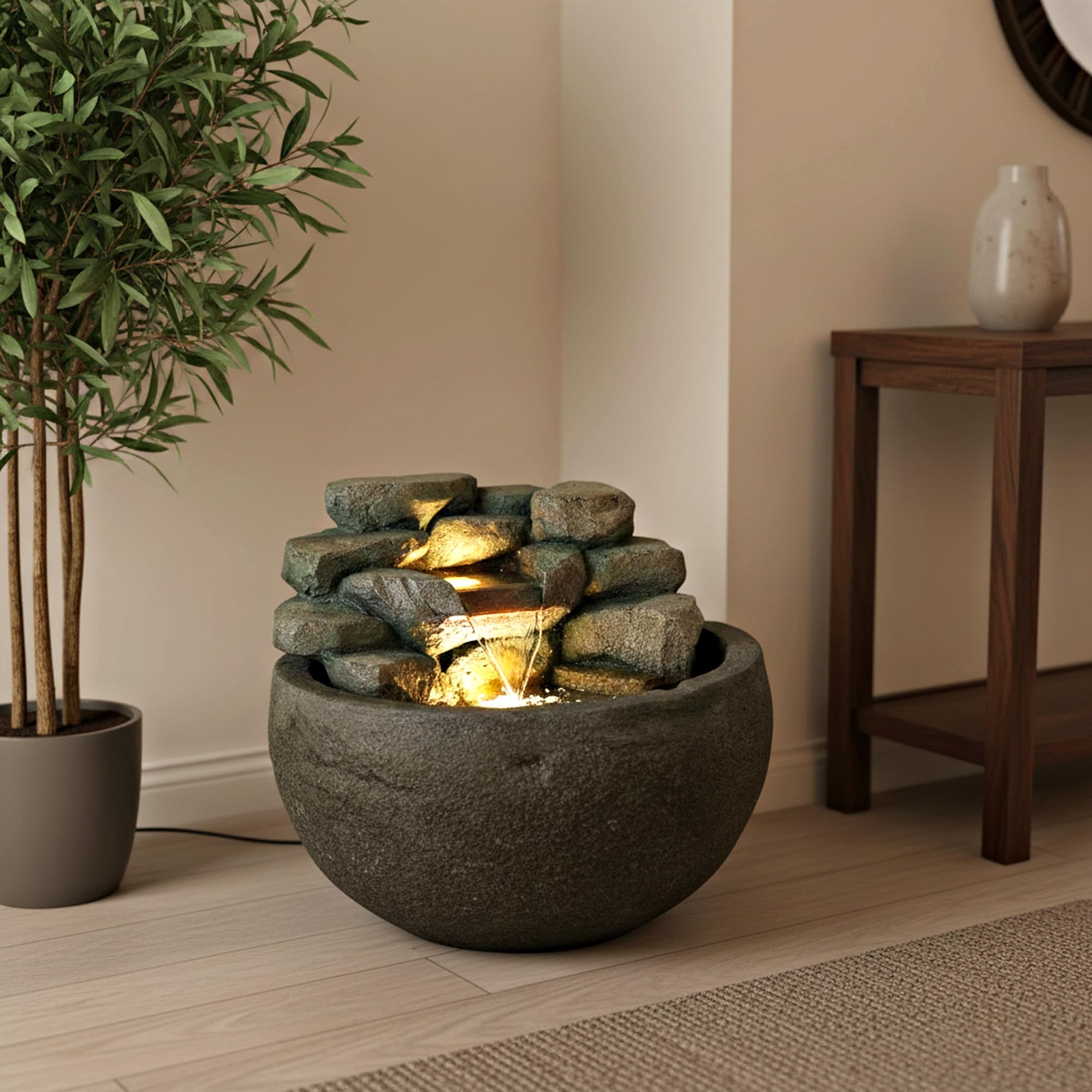 Gartenbrunnen BK911 Ø50 cm – Runder Springbrunnen in Steinoptik mit Wasserfall, warmweiße LED Beleuchtung Deko Teich