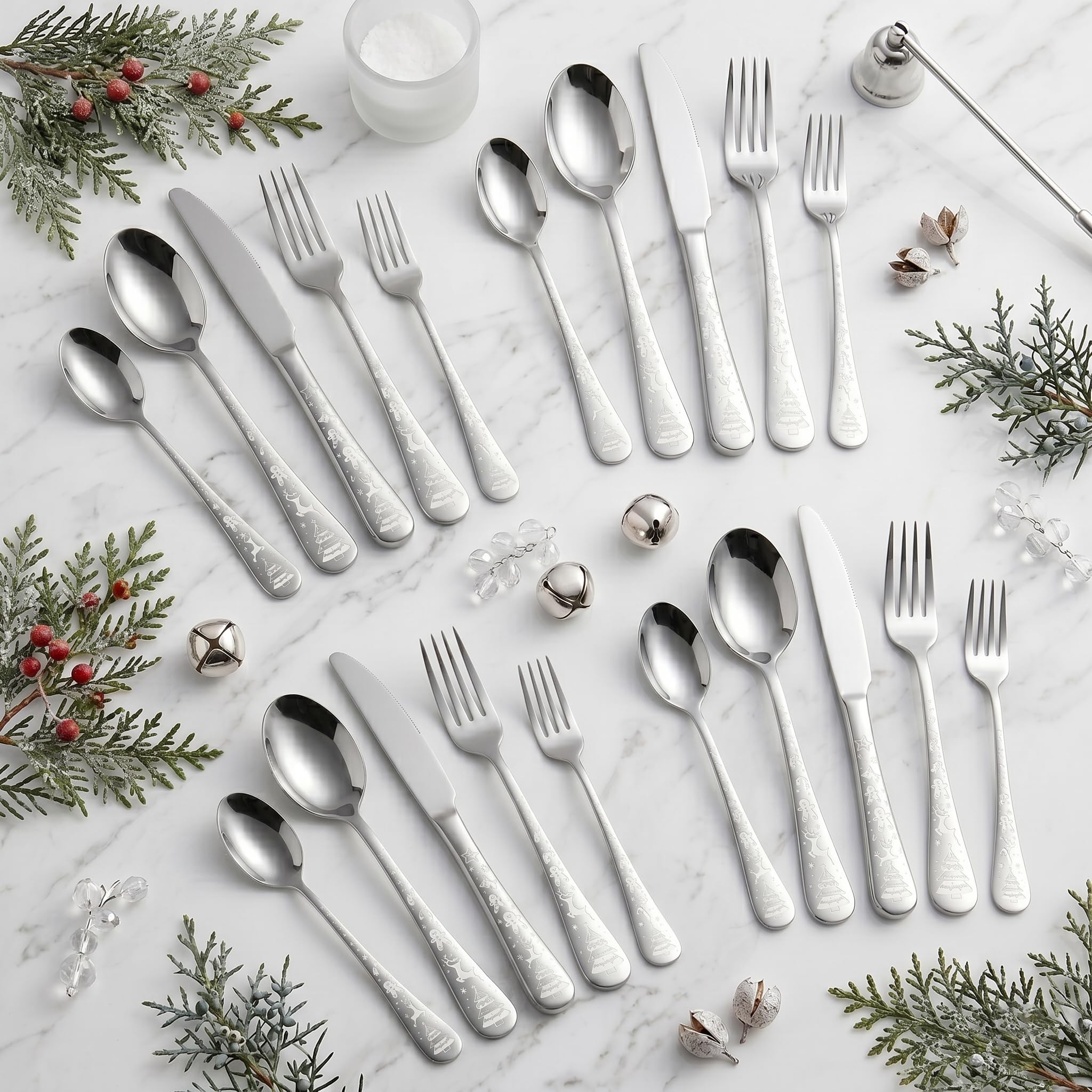 KitchAntique Sterling Silver Silverware Set | Satin Finish 20-Piece Flatware Set with Unique Christmas Printed Handle | 