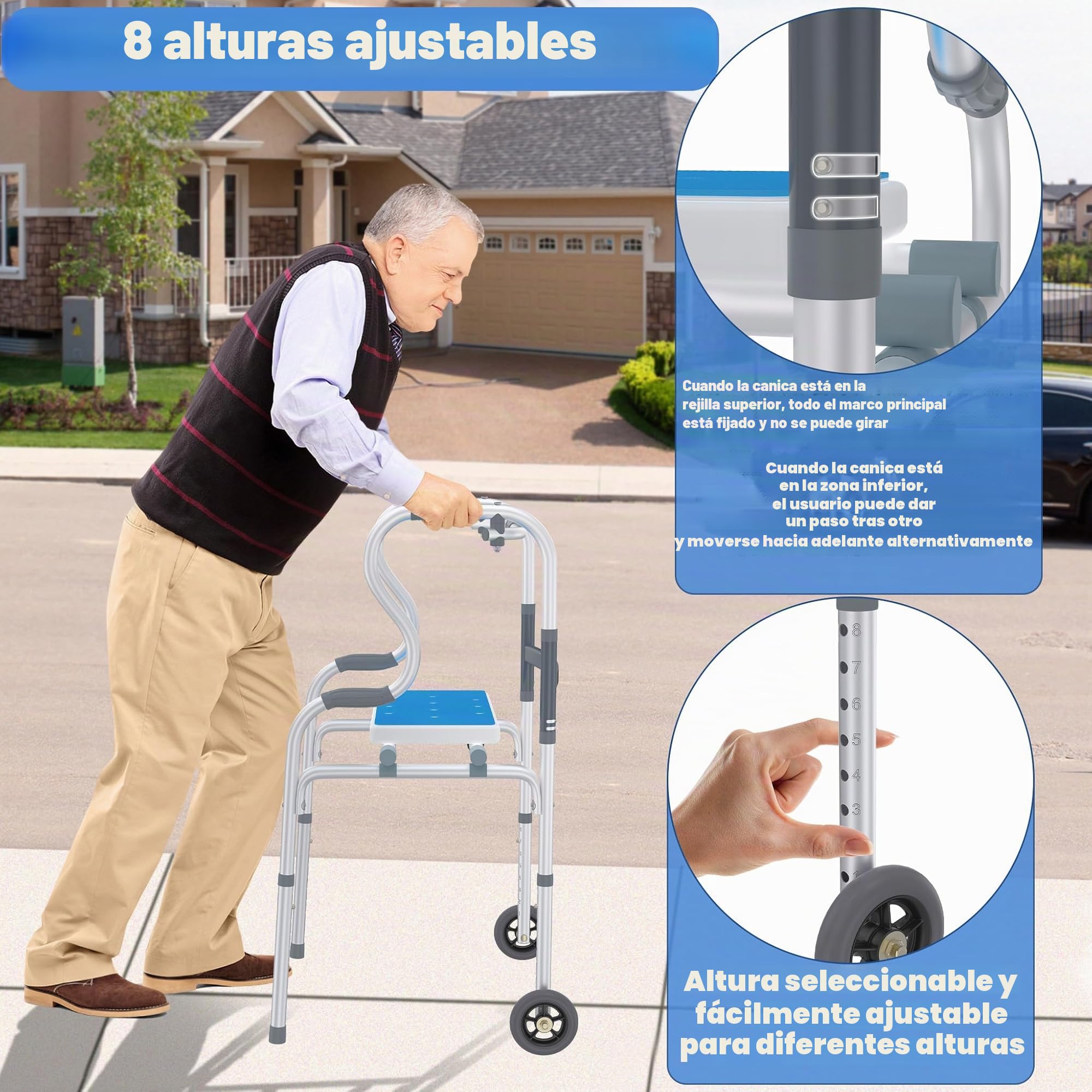 Froadp Andador para personas mayores, caballete de aluminio, fácil de ajustar en altura, con 2 ruedas giratorias, antideslizante, estable, andador, estrecho, para apartamentos, ayuda de pie, mango
