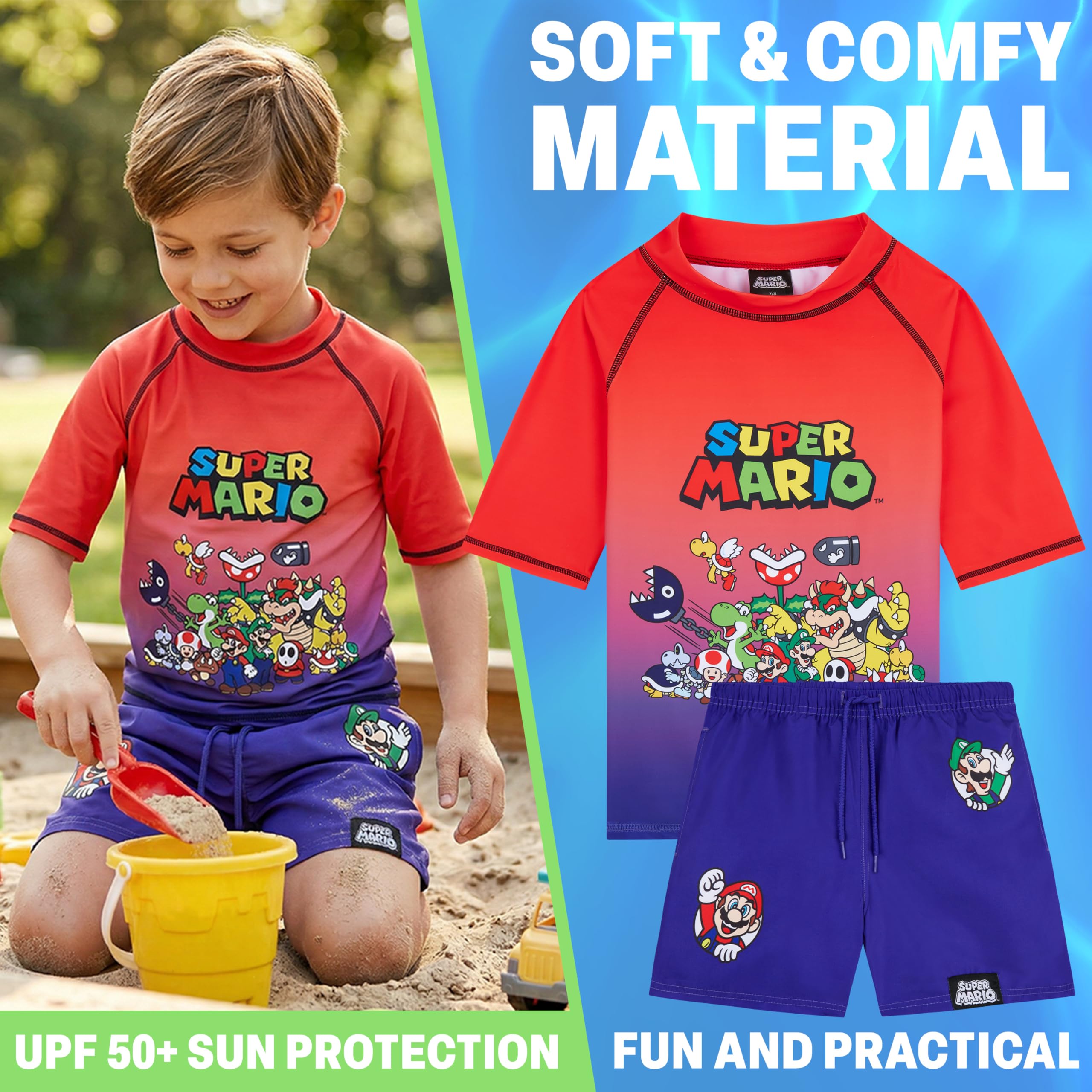 Get Trend Super Mario Maillot de Bain Enfant Garcon 7-13 Ans, 2 Pièces T-Shirt et Short de Bain, UPF 50+, Ete Cadeau Garcon