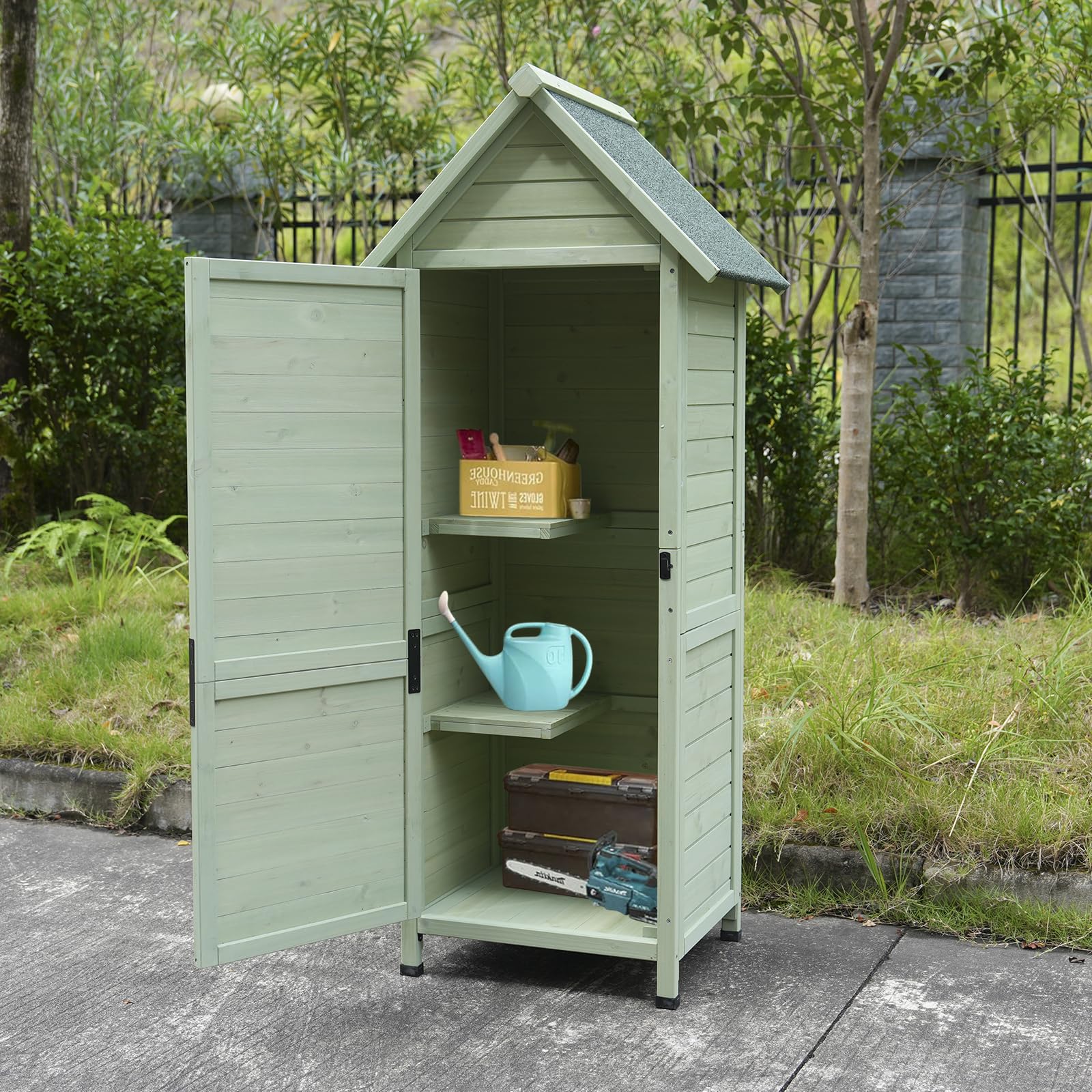 Gartenschrank Grau 3 Regalböden Asphaltdach grün