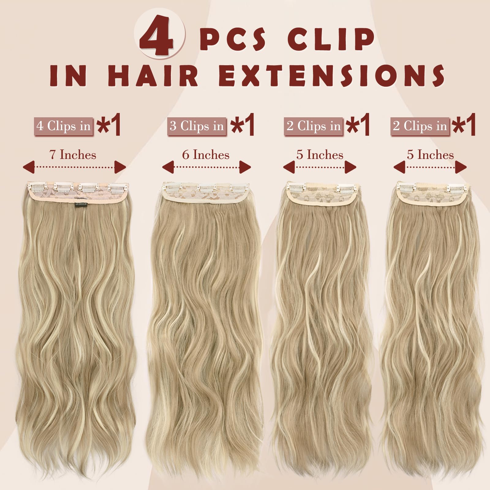FESHFEN Clip in Extensions, 50cm 4 Stücke Lange Gewellte Hair Extensions Kunsthaar Natürliche 4PCs Synthetik Clip in Haarverlängerung für Frauen, Goldblond Highlights