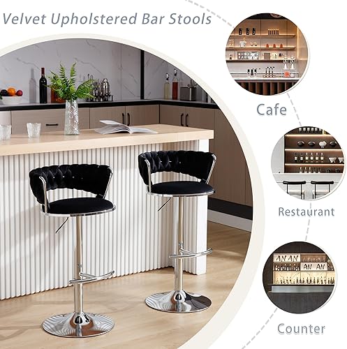 Miniatura 14 de Juego de 2 taburetes de bar de terciopelo giratorios con base de metal dorado, taburetes de bar modernos de altura de mostrador para cocina, pub,