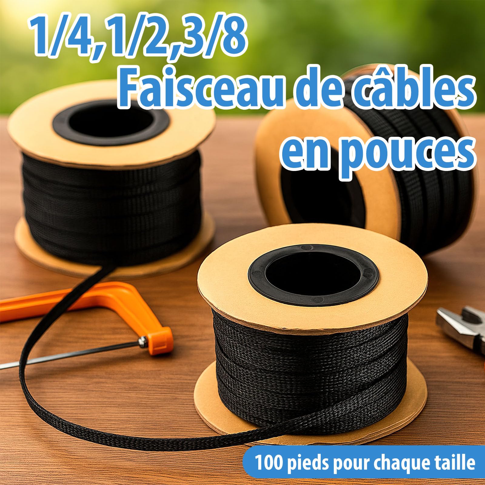 3 Rouleaux de Gaine Câble Tressée en Pet, 91,5 m, 6/10/13 mm