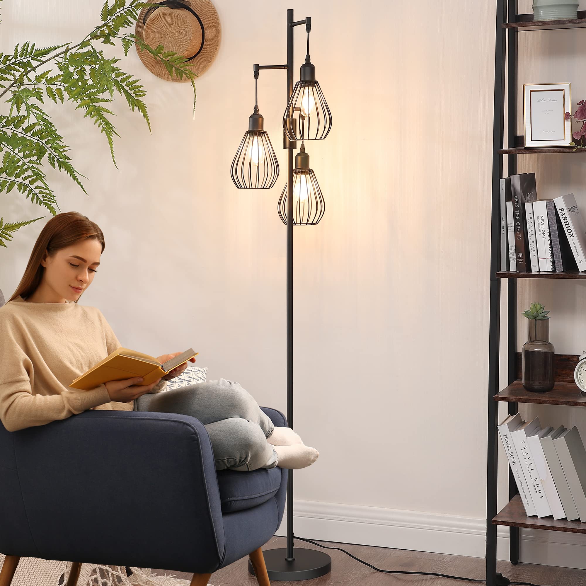 HiBay Lampadaire LED Noir Industriel - 3 Têtes Diamant Réglables, Dimmable 0-100% - Hauteur 173cm - Ampoules 8W Incluses - Pour Salon, Bureau