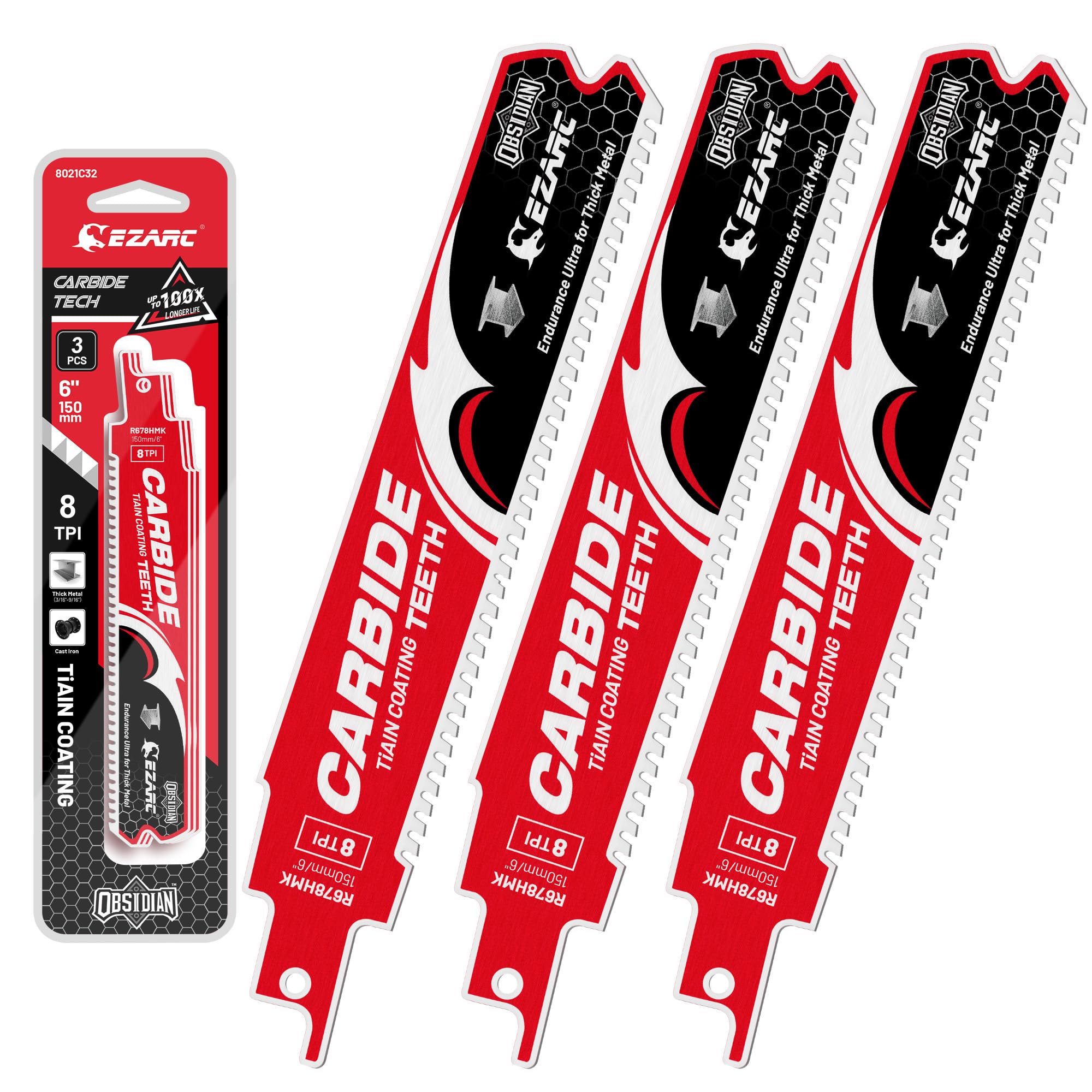 EZARC Lama per sega alternativa in carburo di ossidiana (Pro) R678HMK 8TPI Endurance Ultra per metalli spessi, ghisa, acciaio legato, 225mm, confezione da 3