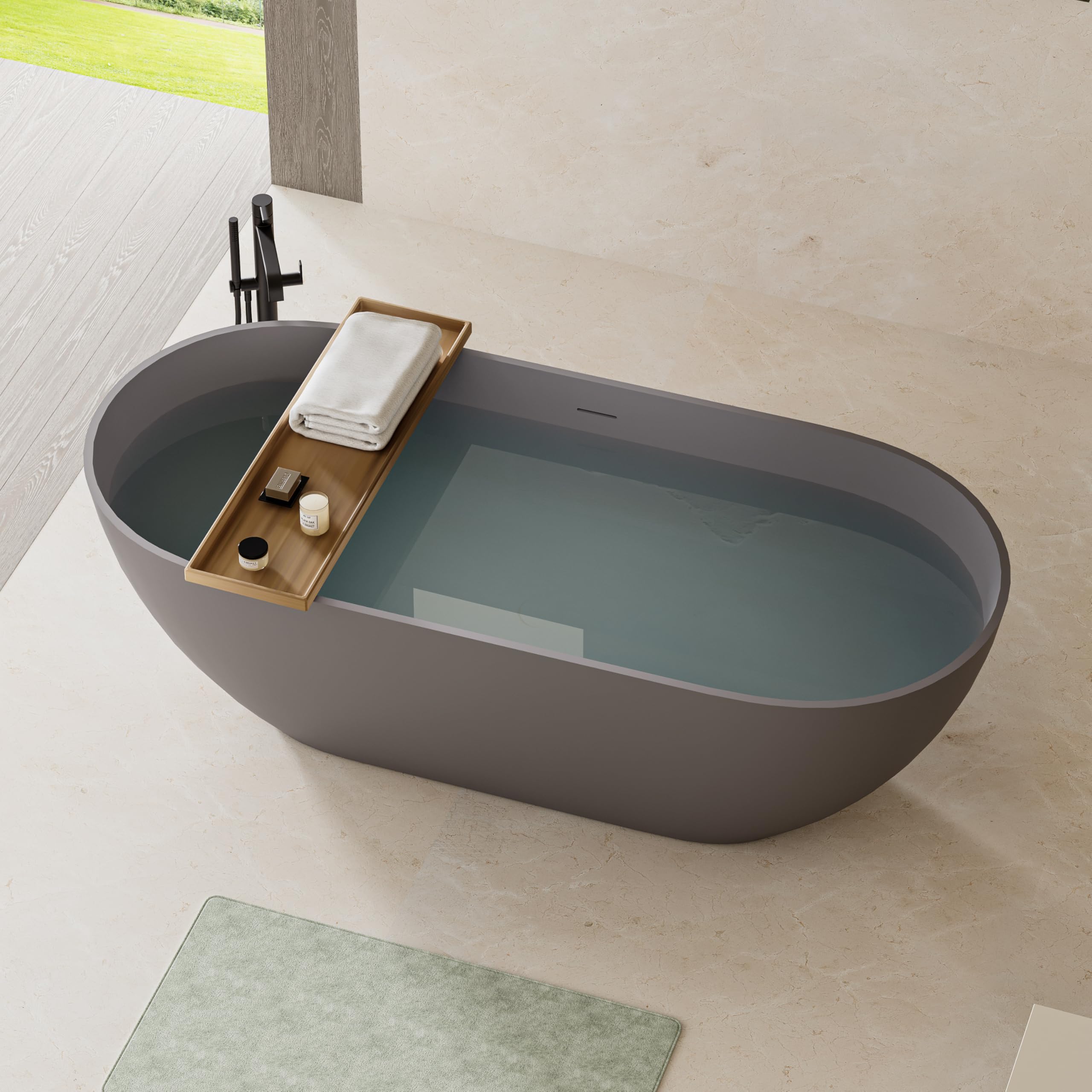 Photo 1 of KEIKI 63" Stone Resin Freestanding Bathtub, Solid Surface Soaking Tub with Overflow, Pop-up Drain, WHITE