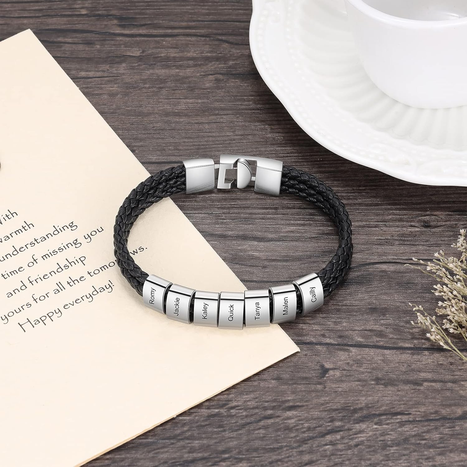 kaululu Personalized Braided Leather Name Bracelet with 1-8 Beads Custom Engraved ID Wrap Bracelets Father's Day Jewelry Gifts for Men Dad Husband Him (7 Names)