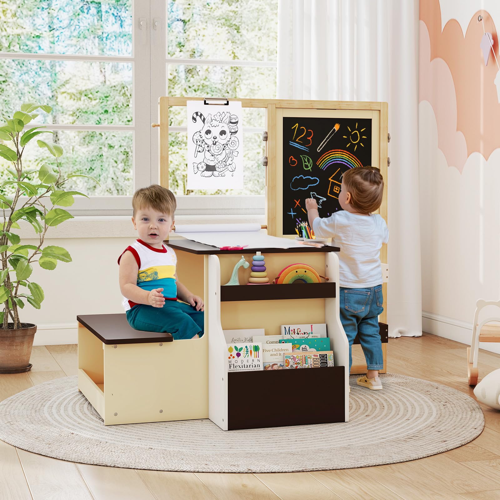 GYMAX Set di Cavalletto con Tavolo e Panca per Bambini, Scrivania Multifunzionale in Legno con Lavagna Bifacciale, Rotolo di Carta, Scaffale, Contenitore, Mobili per Attività (Caffè)