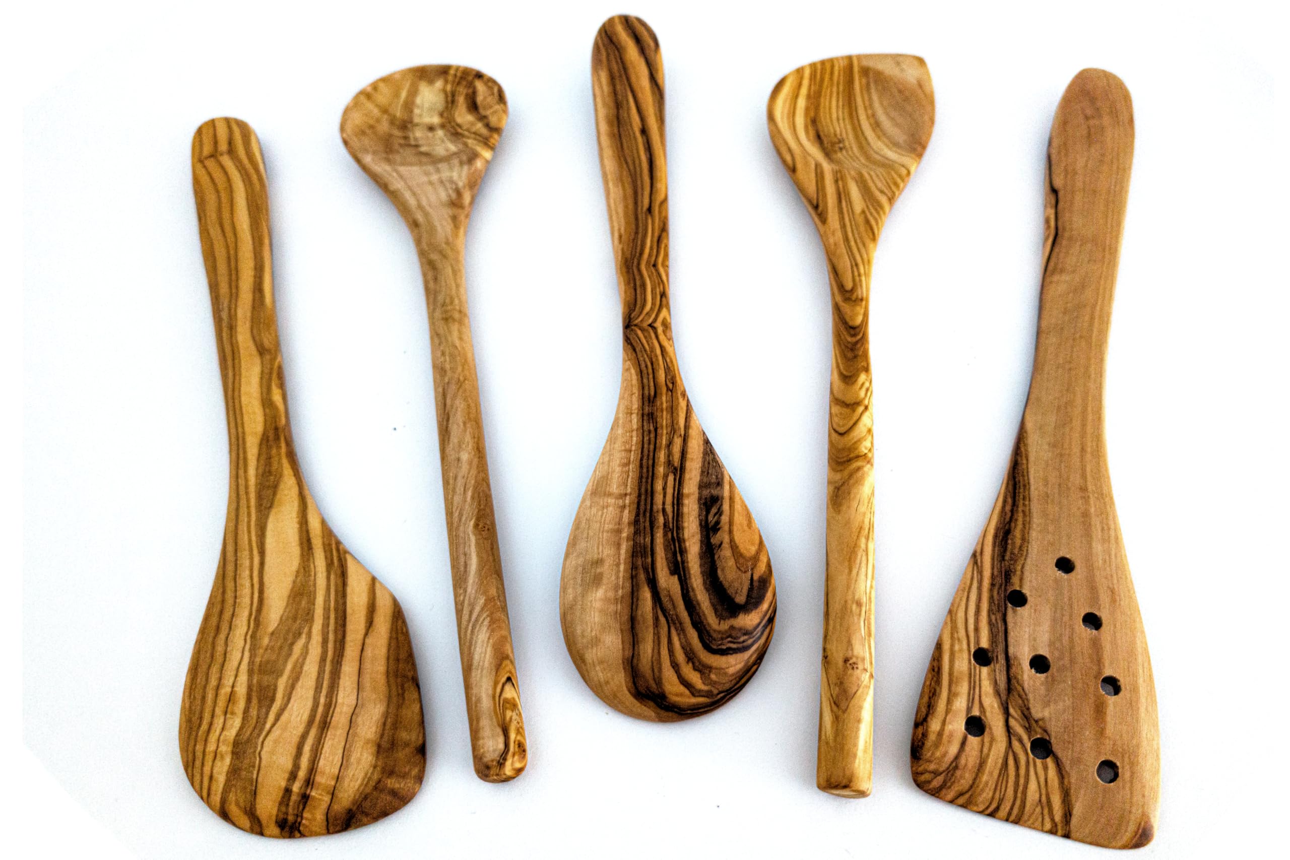 EMNA – Olivenholz Küchenutensilien Set | 5-teiliges Kochlöffel & Küchenhelfer Set Holz | Handgefertigt Unikat | Geschenkbox mit Zertifikat vom Gründer | Geschenkidee Weihnachten Geburtstag Hochzeit