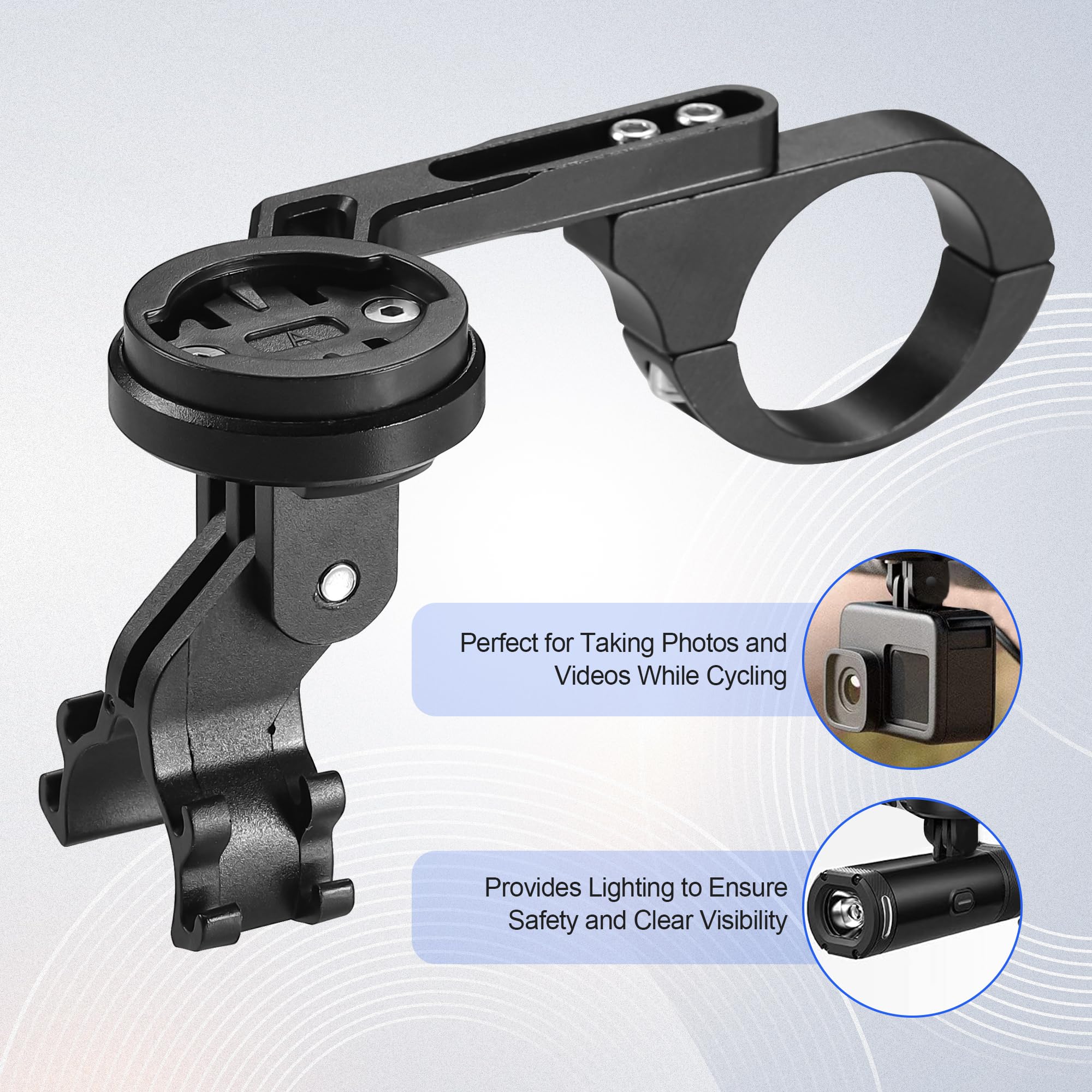 Przedni uchwyt rowerowy kompatybilny z Garmin i Bryton, uchwyt rowerowy do komputera rowerowego z regulowanym uchwytem na światło, uchwyt kierownicy 20-40 mm, czarny