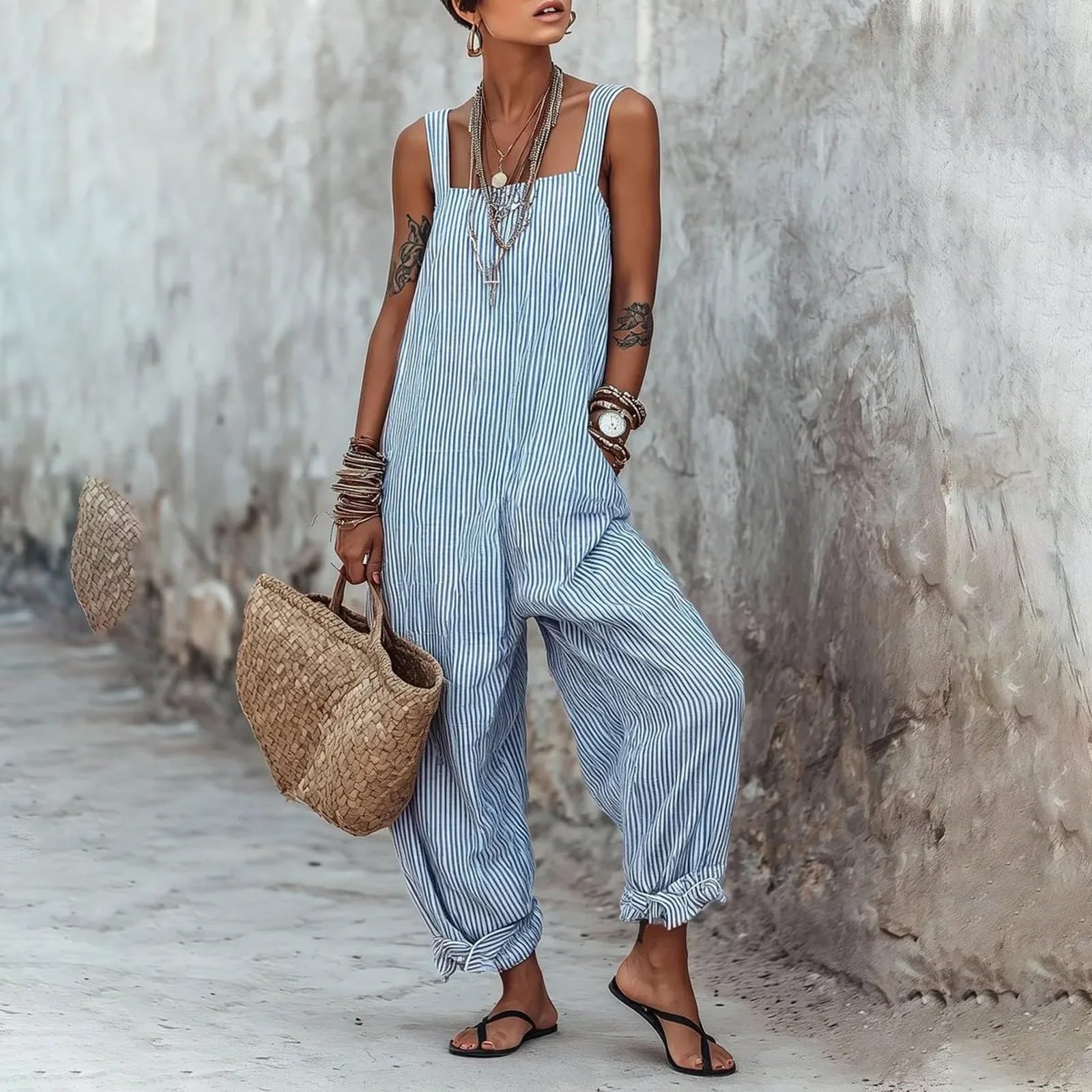 Salopette estive da donna, a righe, a gamba larga, con