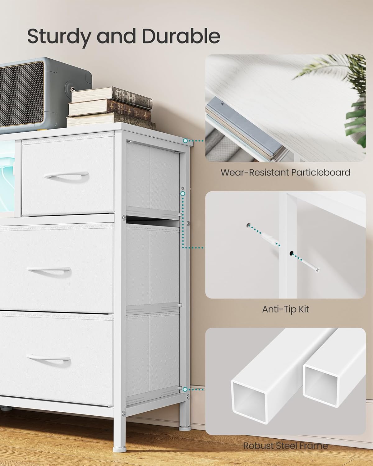 SONGMICS BELLAH Collection - Dresser for Bedroom with Outlets and LED Lights, TV Stand for TVs Up to 65 Inches, Chest of Drawers, 8 Drawers, Steel, Modern, Cloud White ULGS434WH02S