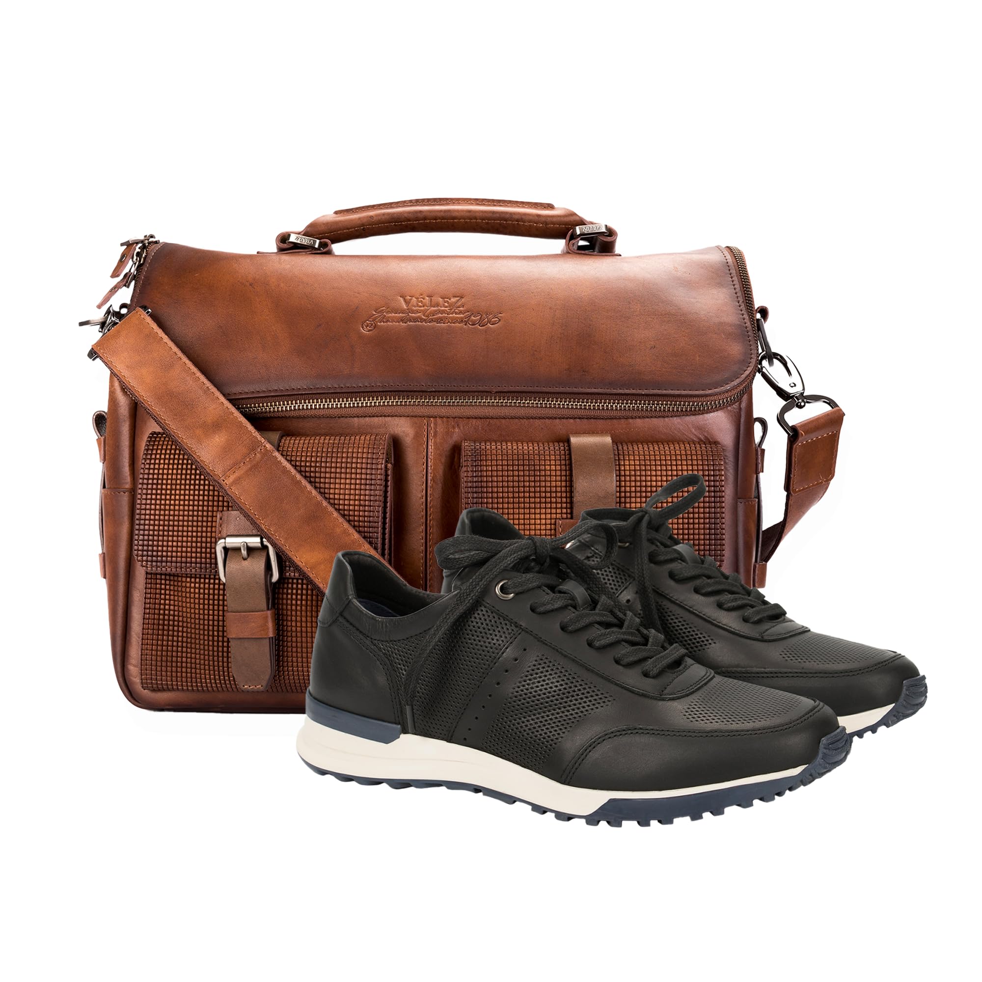 VELEZ Black Mens Business Casual Sneakers Full Grain Leather  Messenger Bag for Men Business Travel Briefcase Computer Laptop Bag