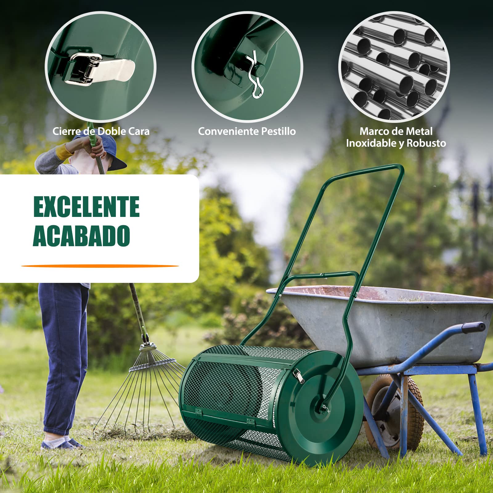 COSTWAY Esparcidor de Compost 75L, Esparcidor de Turba con Mango en Forma de U Mejorado, Cierres Laterales, Rodillo de Malla de Metal Resistente para Fertilización y Siembra (Verde)