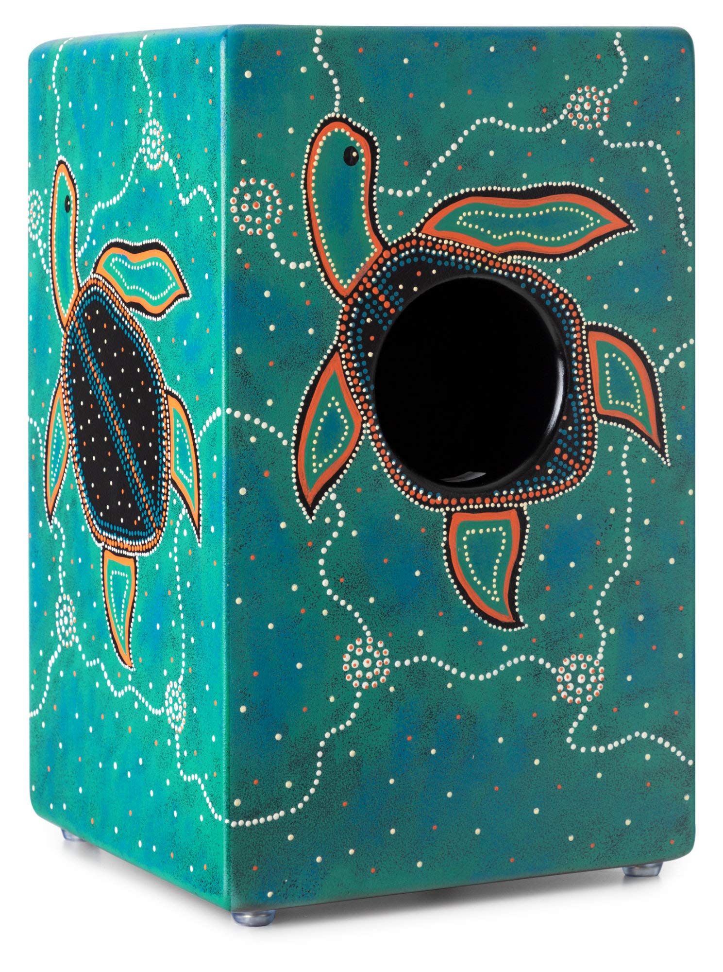 XDrum Design Series Cajon “Turtle” - Cajon da designer dipinta a mano con tartarughe in Dot Art - Porta bassi integrato - Corpo in HPL (High Pressure Laminate) - Snare fissa installata