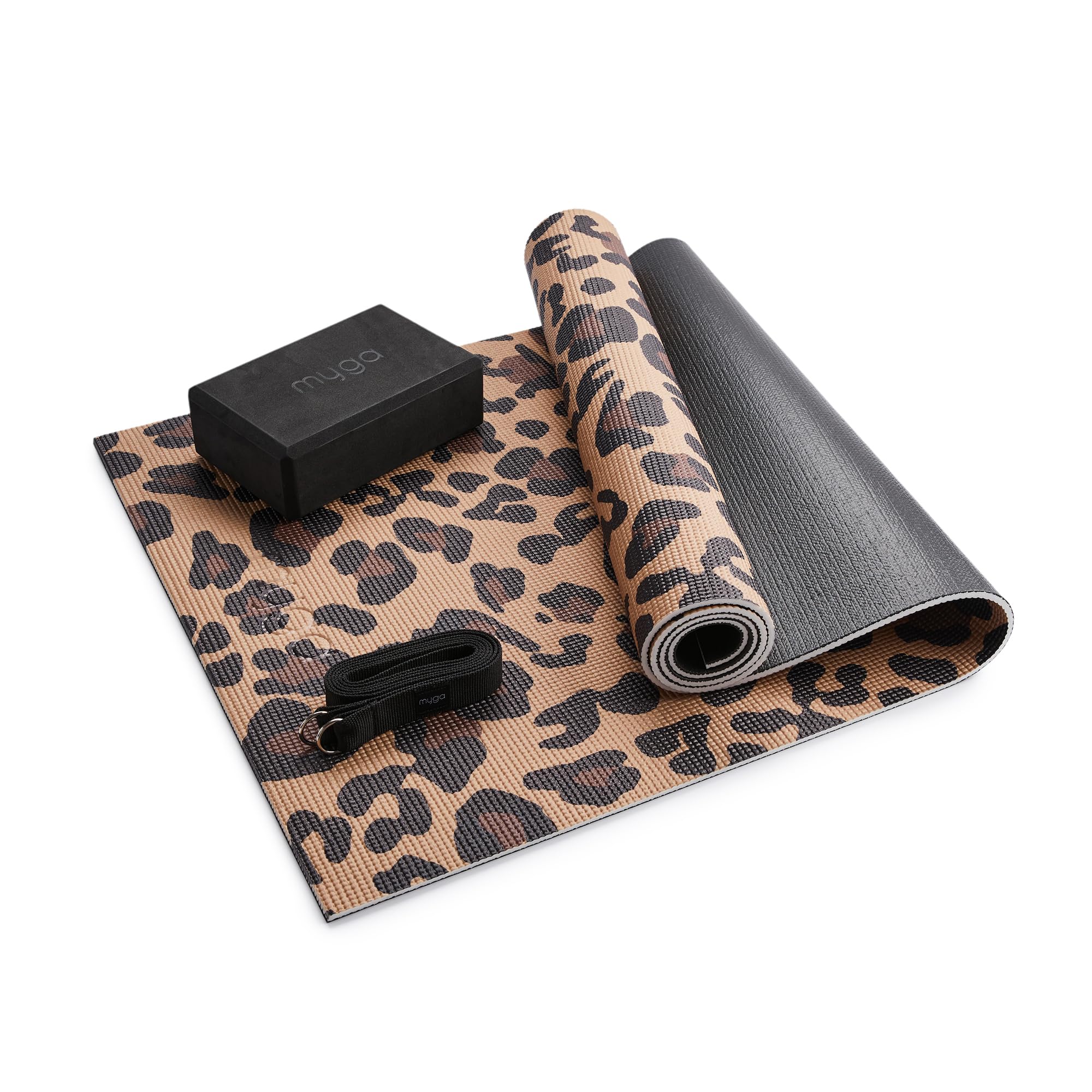 Myga Yoga Starter Set – 6mm Non-Slip Exercise Mat with Block & Strap – Beginner Yoga Kit for Home, Gym & Travel – Ideal for Pilates & Meditation – Durable, Eco-Friendly & Gift-Ready (Leopard)