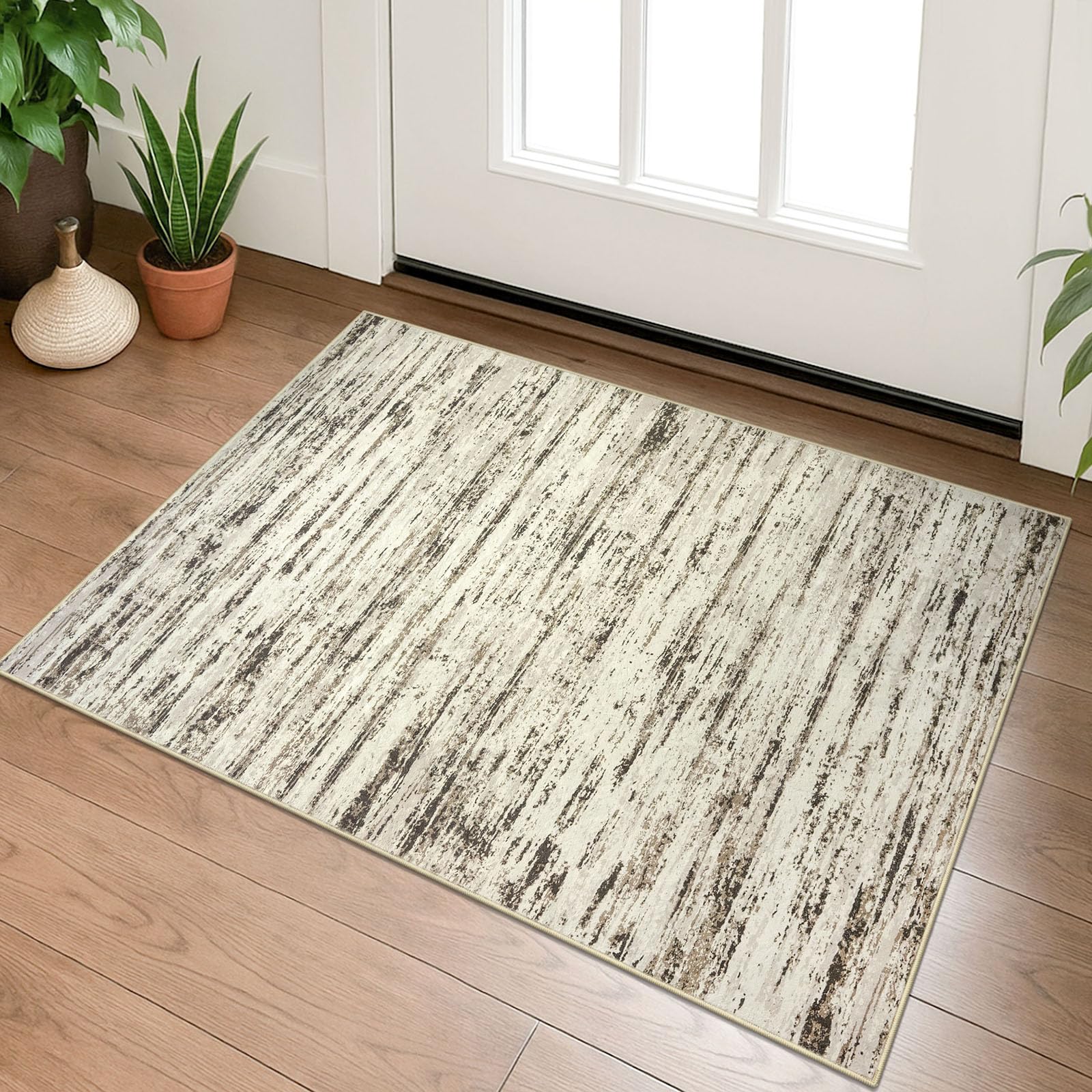 Lansny Modern Abstract Entryway Rug Indoor 2x3 Washable Rug Non-Slip Soft Small Area Rug Beige Kitchen Mats Thin Print Faux Wool Floor Carpet Throw