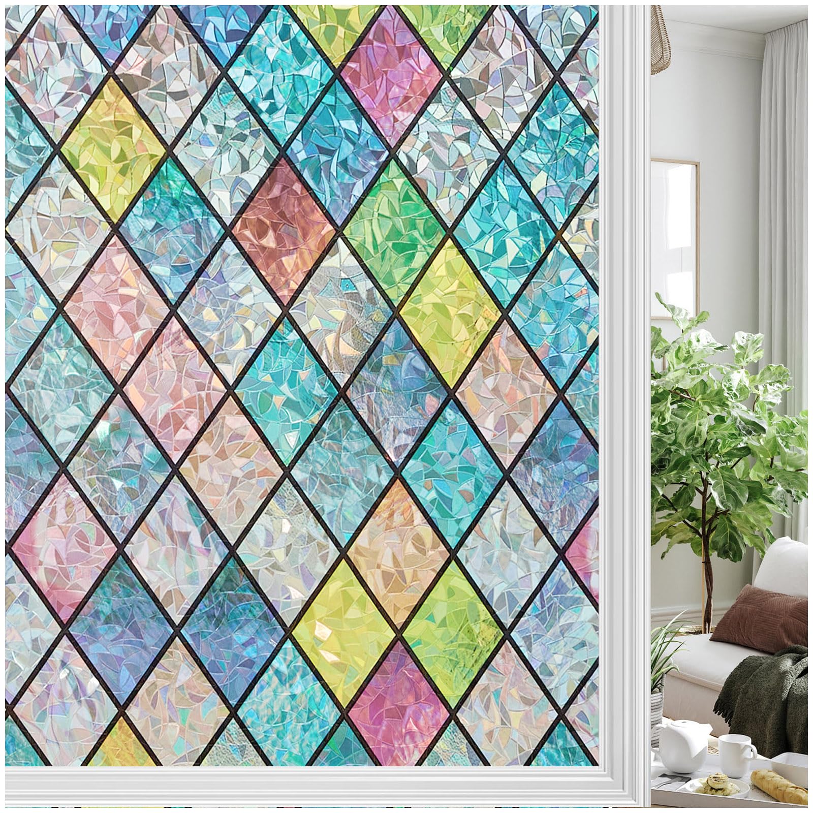 Bectosy Fensterfolie Blickdicht Regenbogen Sichtschutzfolie, Statisch Haftend Fenster Bunt, 3D Regenbogeneffekt Fensterfolie, 60 × 200cm ohne Klebstoff UV-Schutz für Wohnzimmer Küche Badezimmer