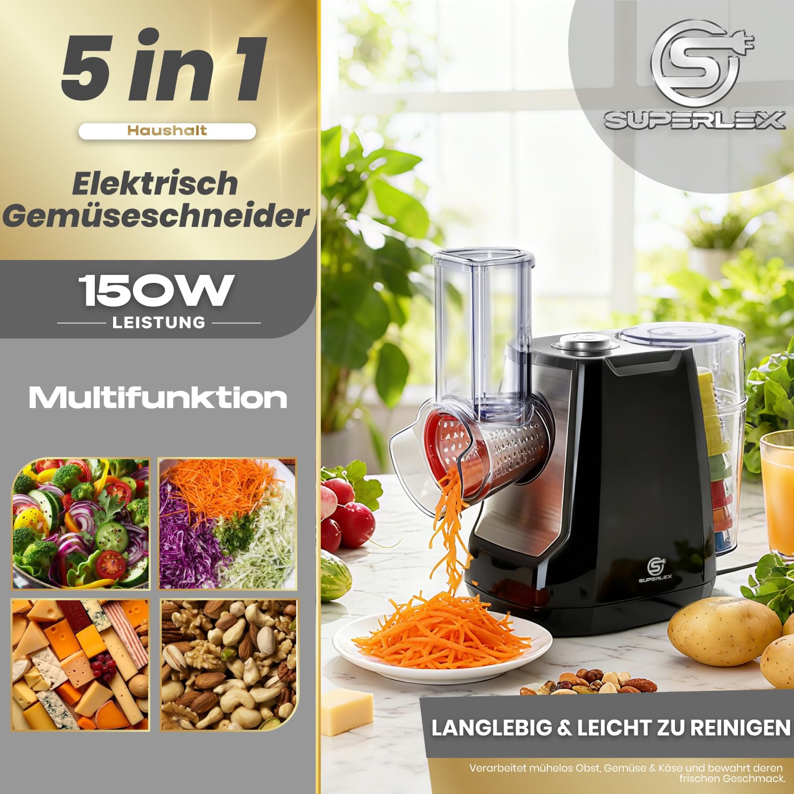 Coupe-légumes Électrique 5-en-1 Râpe à Légumes avec 5 Lames de Tambour Interchangeables Râpe Électrique et Broyeur pour Fruits Légumes Fromage Fruits Noix Carottes Utilisation en un Clic Râpe