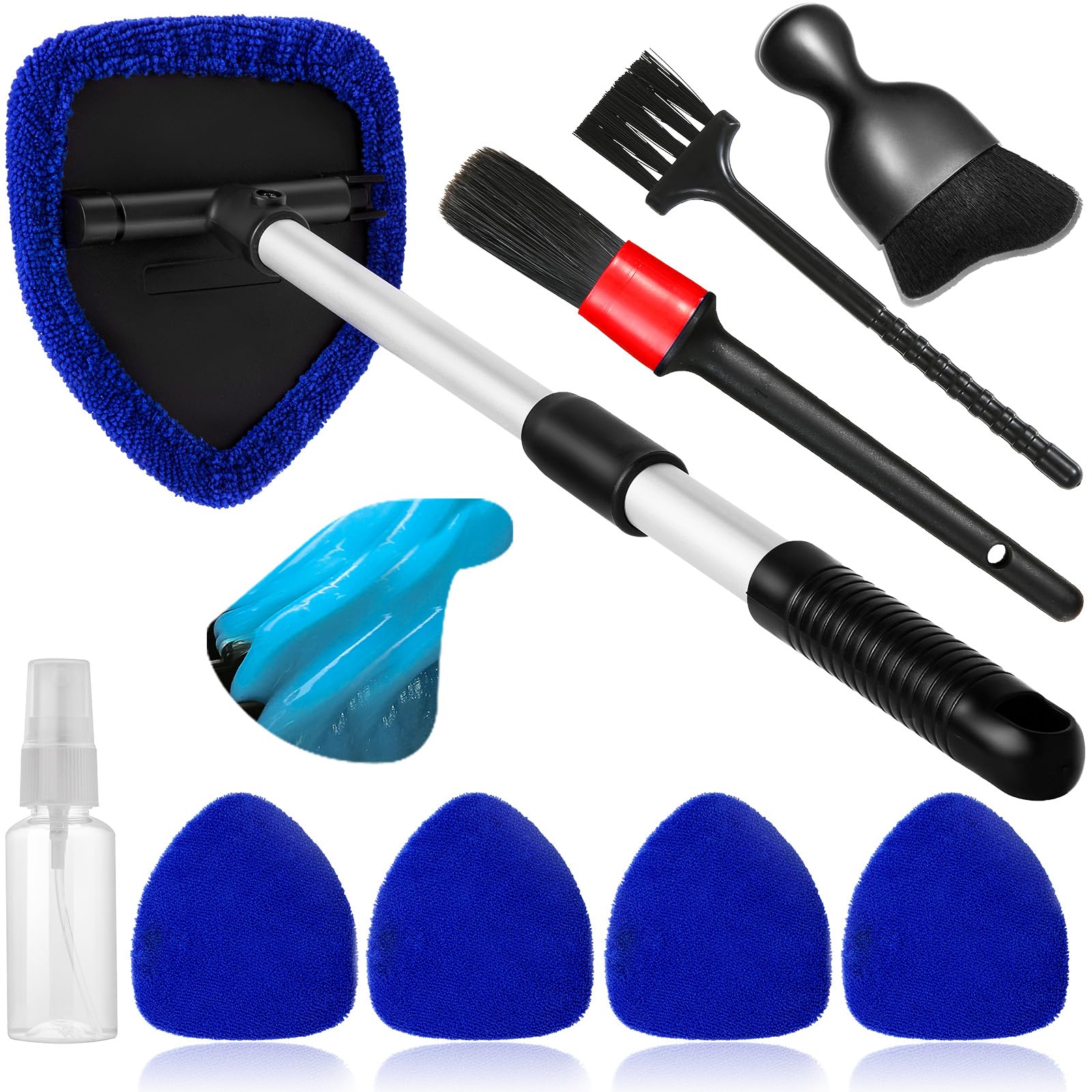 Qydipclin 10pcs Windshield Cleaner Tool, Car Window Cleaning Wash Kit with 4 Reusable Microfiber Pads 1 Spray Bottle and Extendable Handle Auto Glass Wiper Kit, Blue