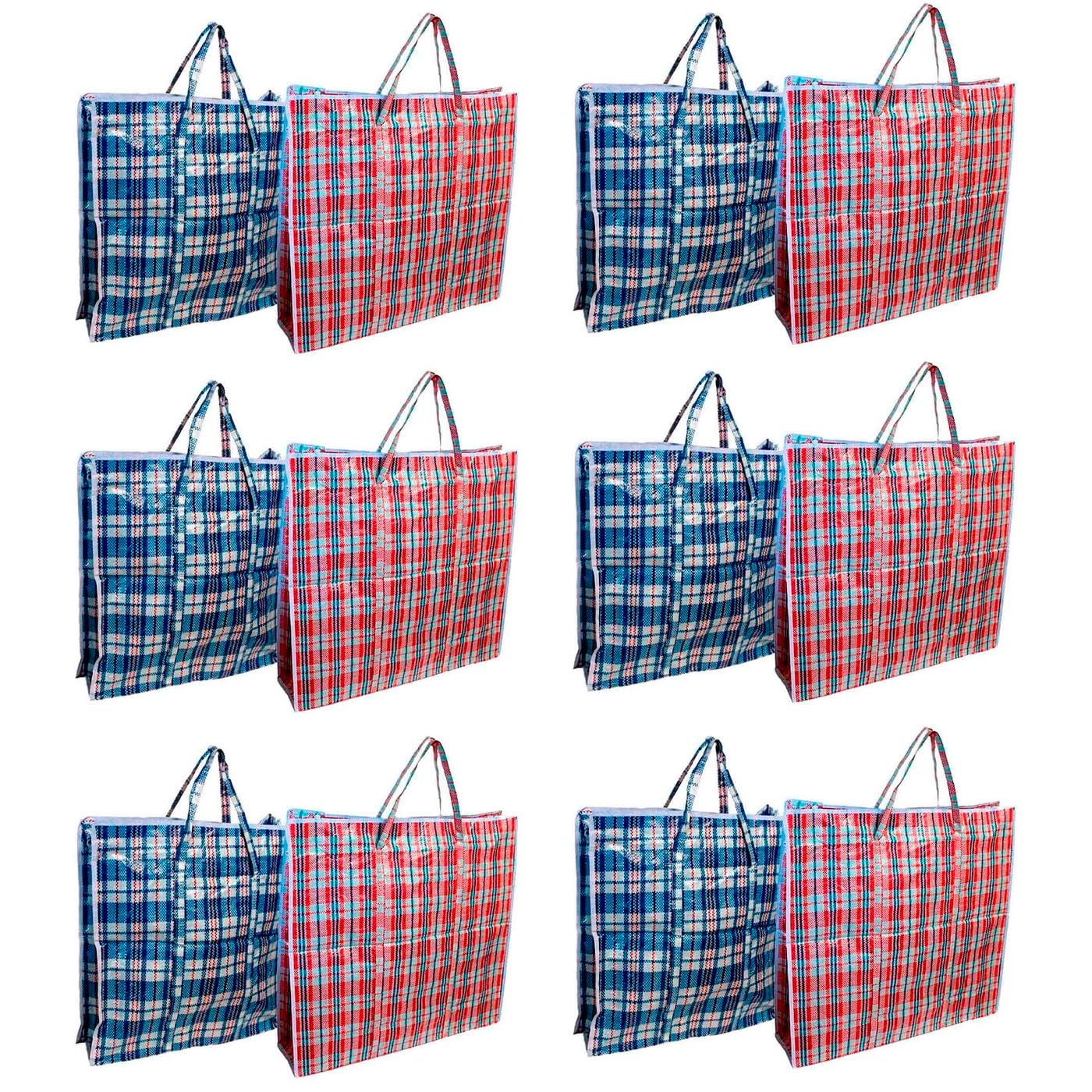 AC - Pack de 12 bolsas plásticas de rafia - Incluyen cremallera y asas - Reutilizables, mudanzas, almacenamiento de ropa, mantas - 80 x 90 x 25 cm - Color Aleatorio