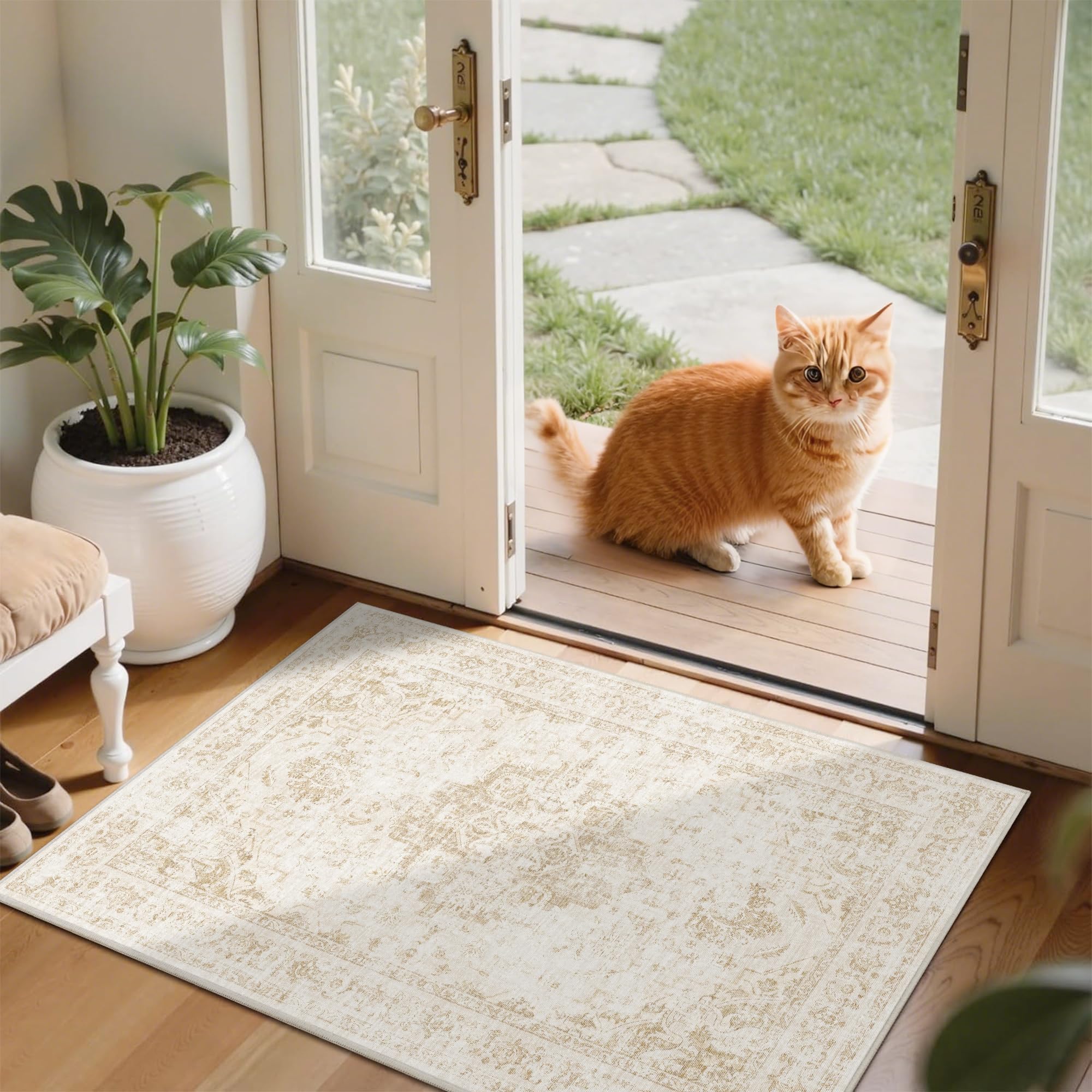 2x3 vintage washable area rugs for entryway soft non-slip bath mat boho medallion distressed retro accent carpet floral low pile indoor throw rug for kitchen laundry living room bedroom, beige